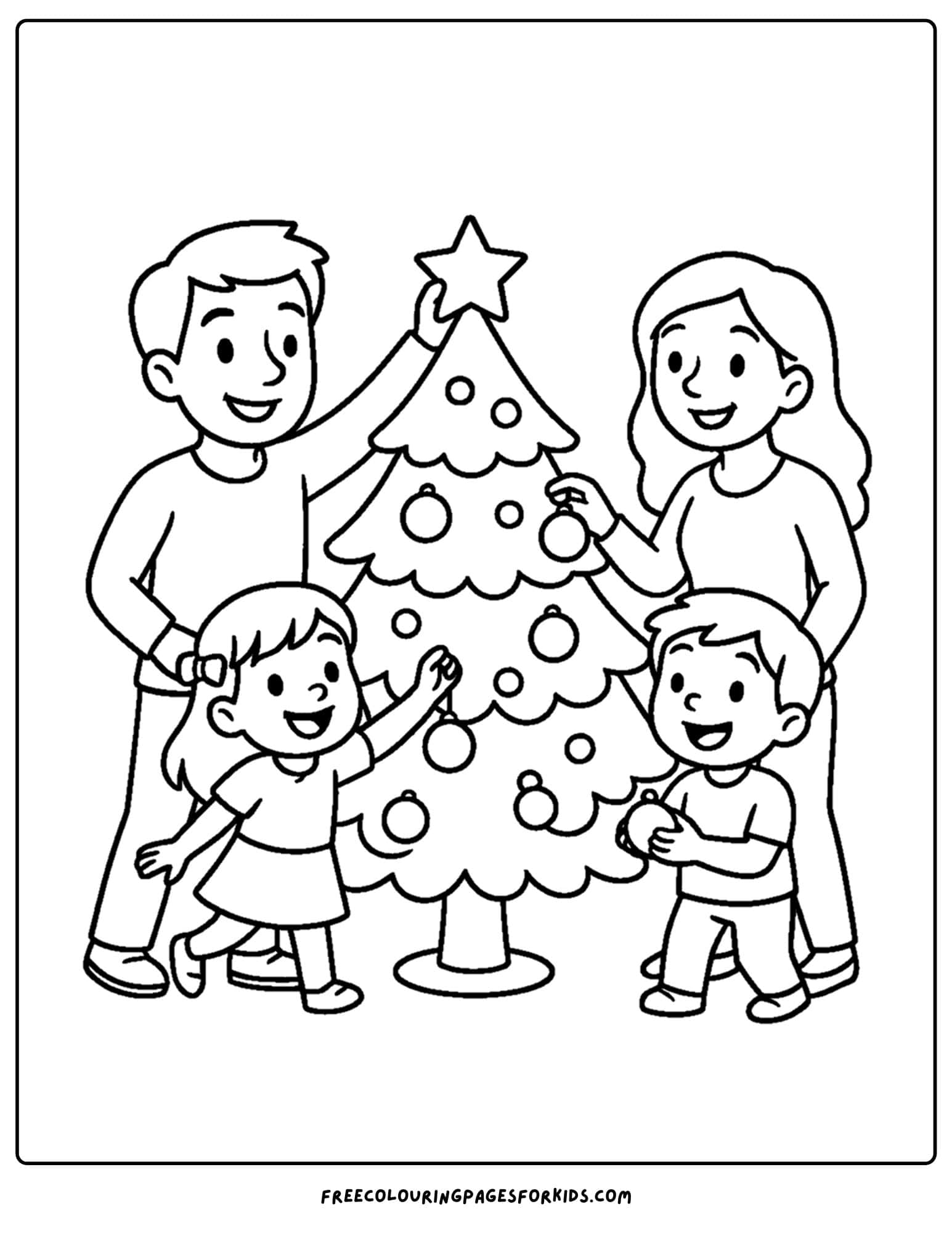 a family coloring page featuring a family decorating the christmas tree