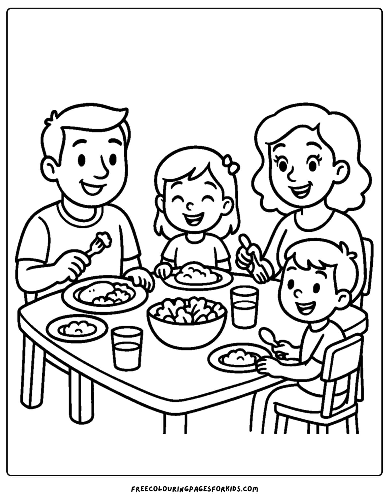 a family coloring page featuring a family eating a meal together