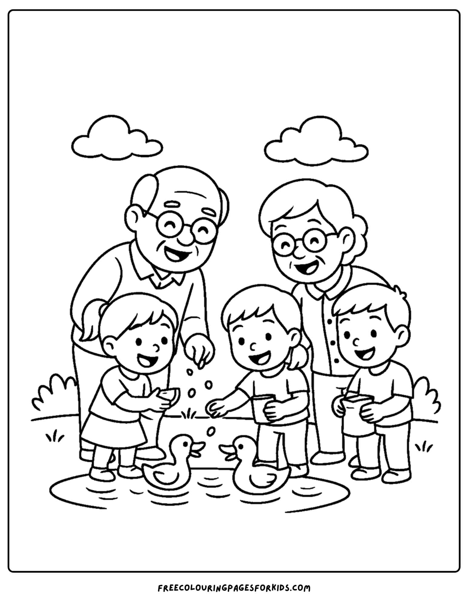 a family coloring page featuring grandparents taking their grandkids to feed the ducks