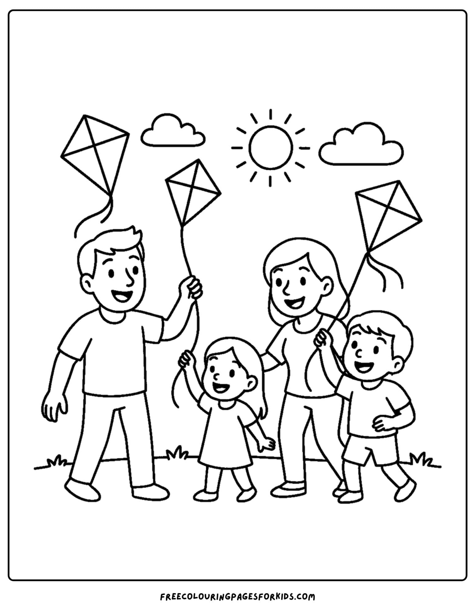a family coloring page featuring a family flying kites