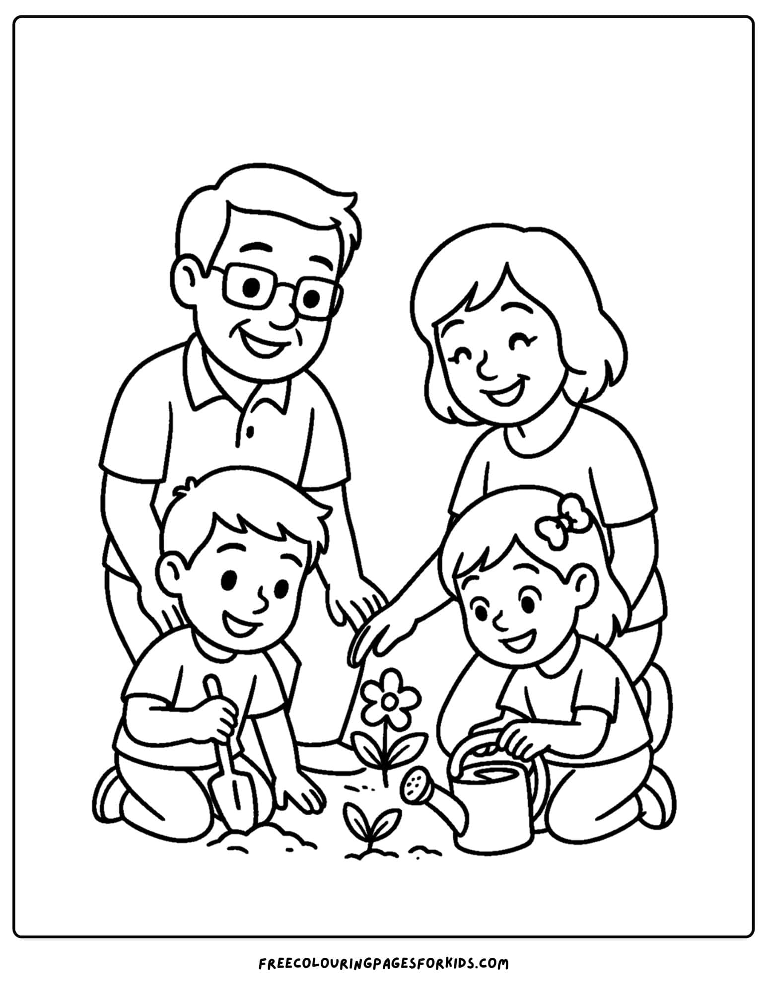 a family coloring page featuring grand kids helping their grandparents in the garden