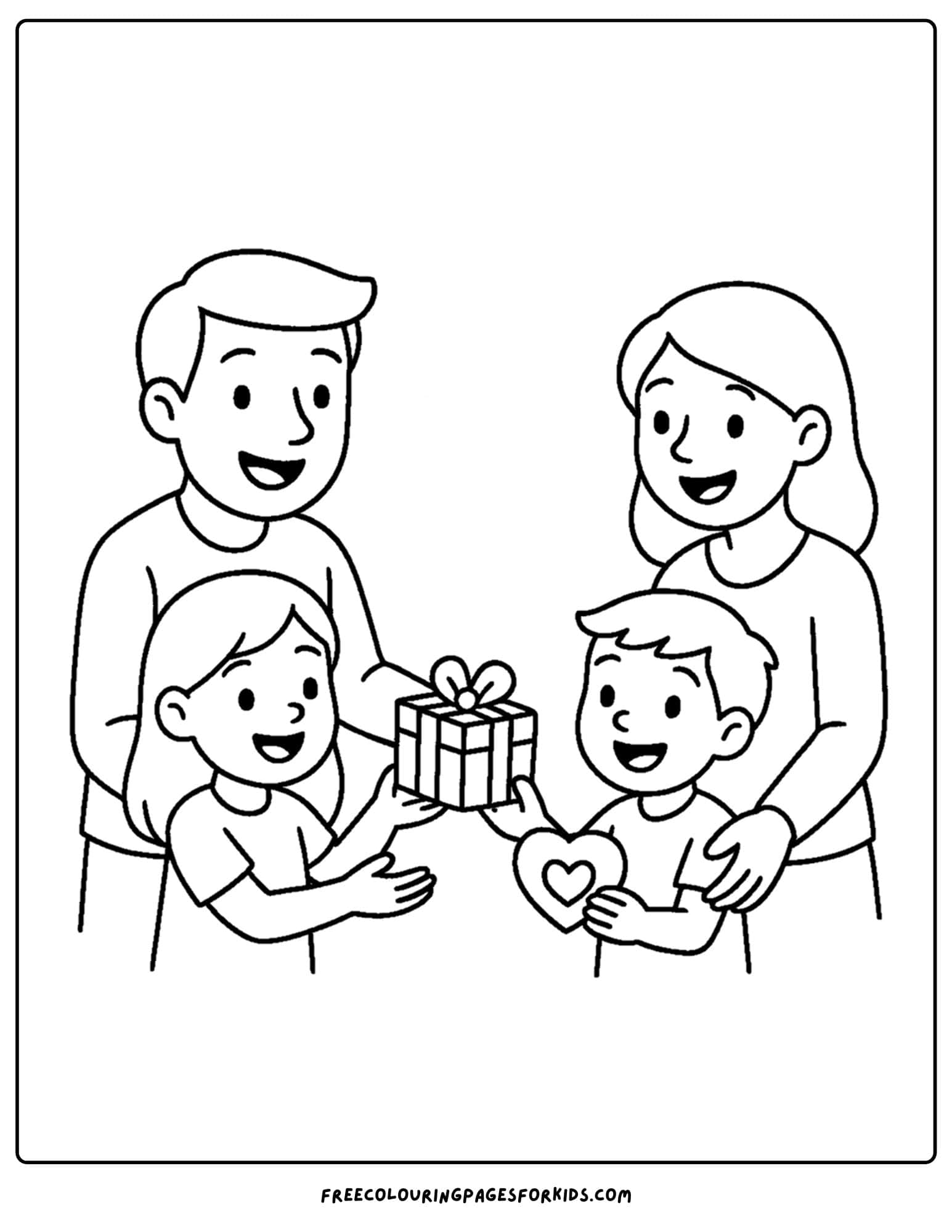 a family coloring page featuring kids giving gifts