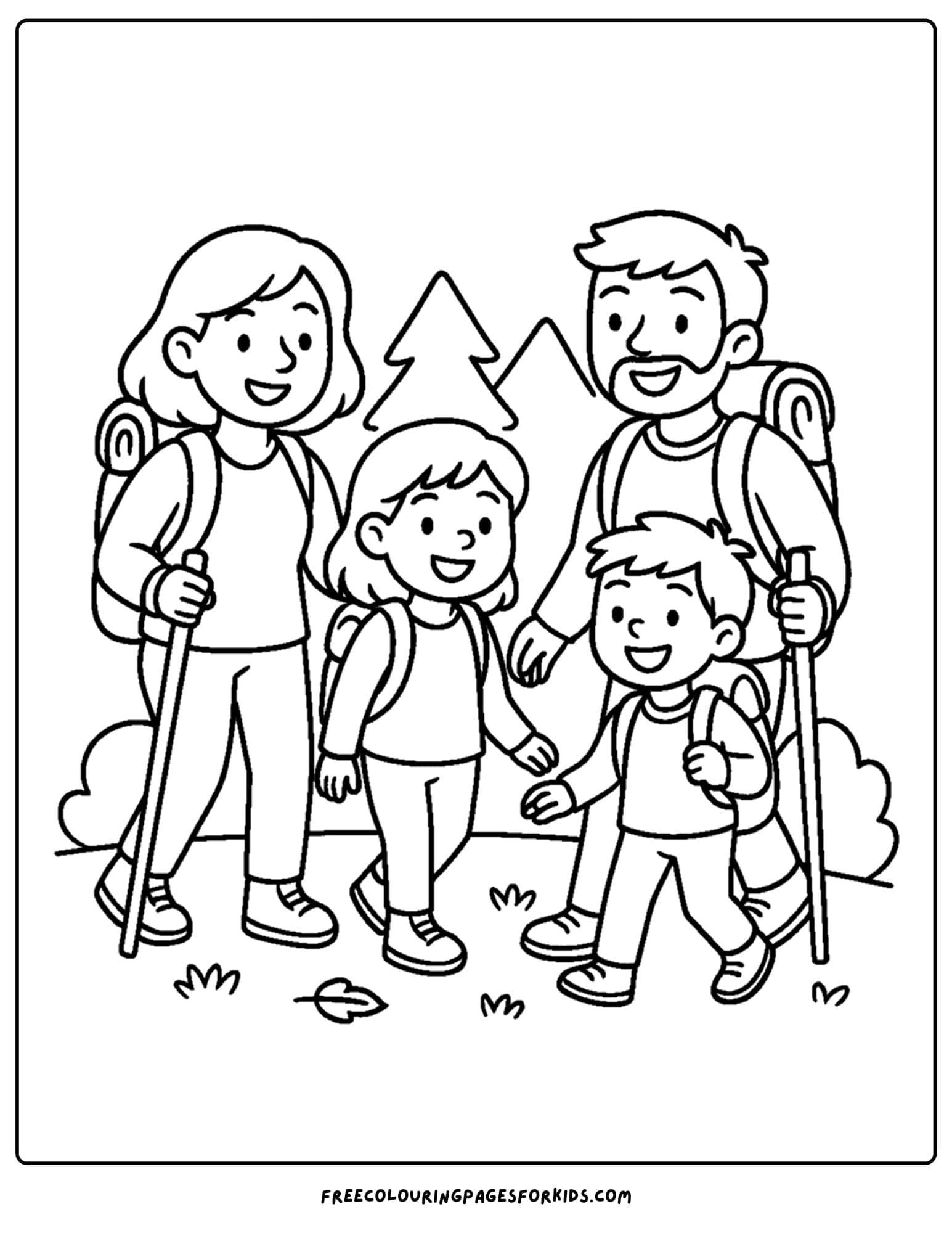 a family coloring page featuring a family going for a hike