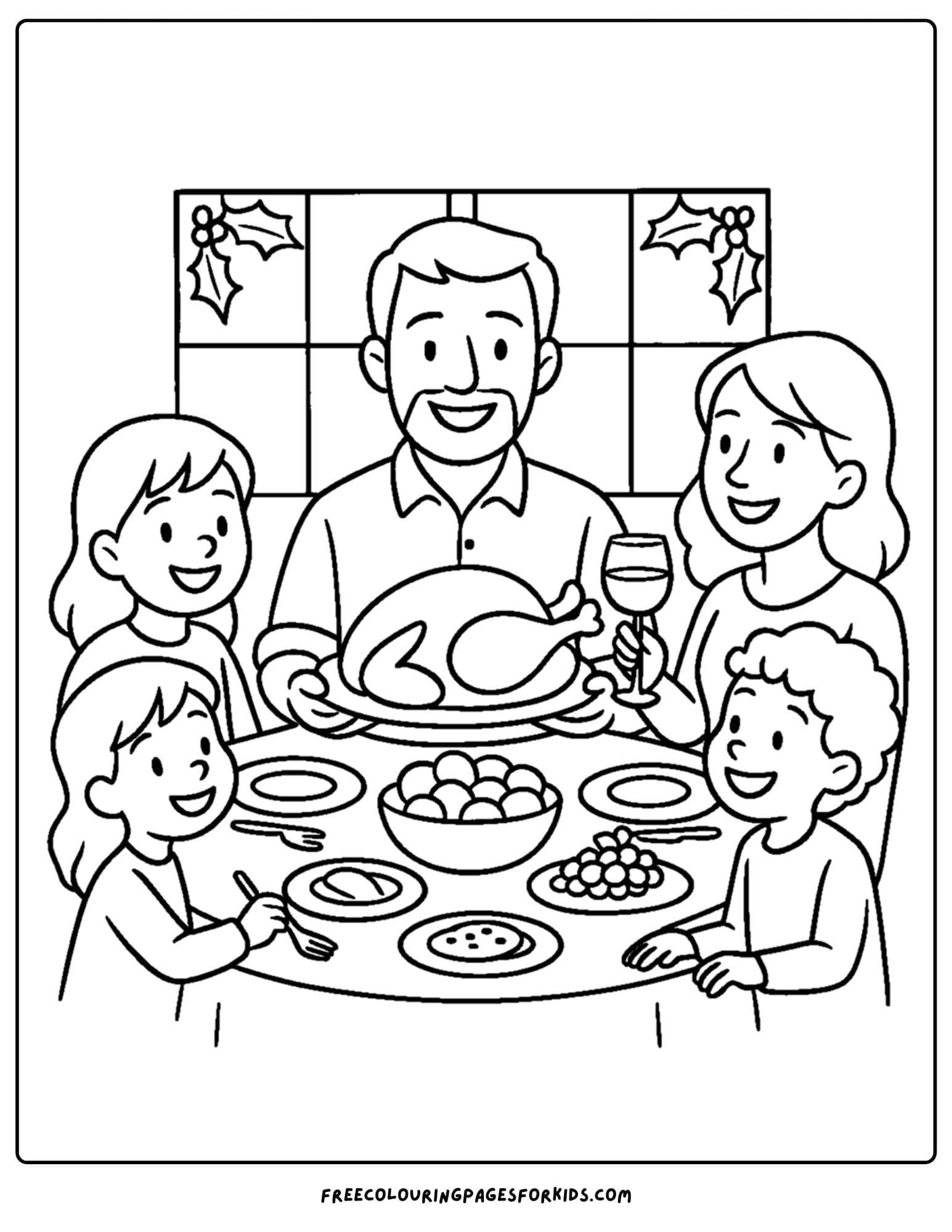 a family coloring page featuring a family sitting down to a thanksgiving meal