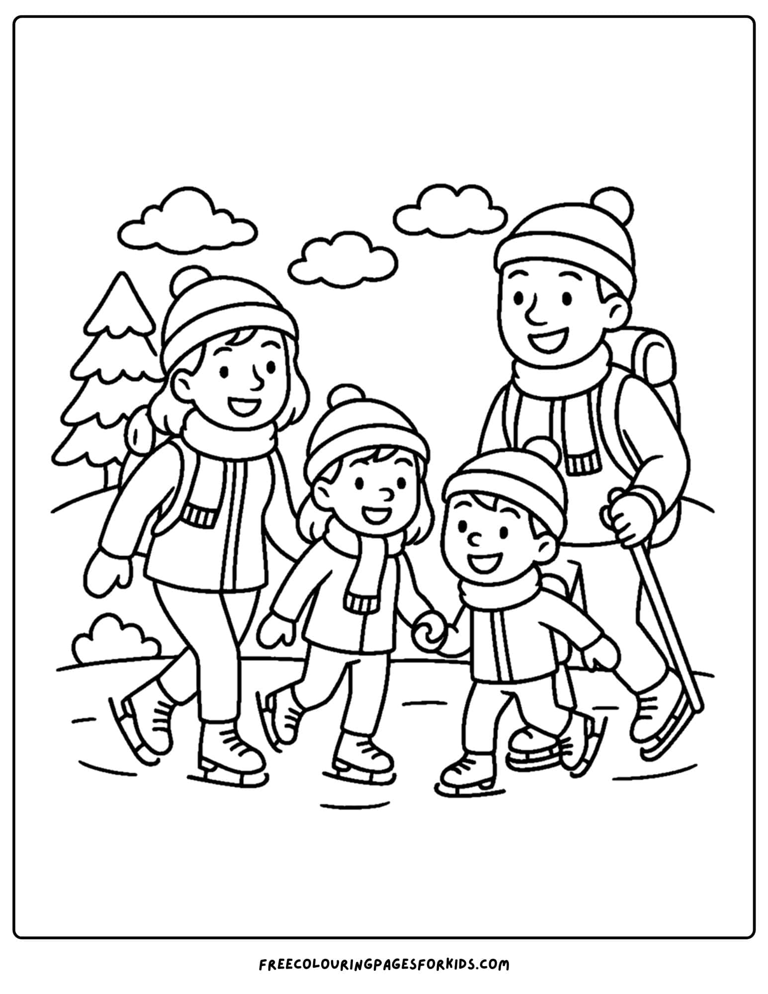 a family coloring page featuring a family going ice skating