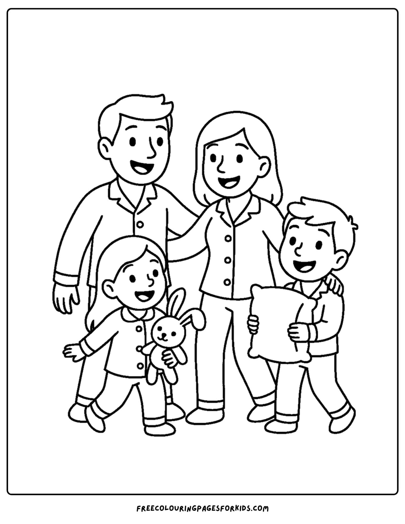 a family coloring page featuring a family wearing matching pajamas