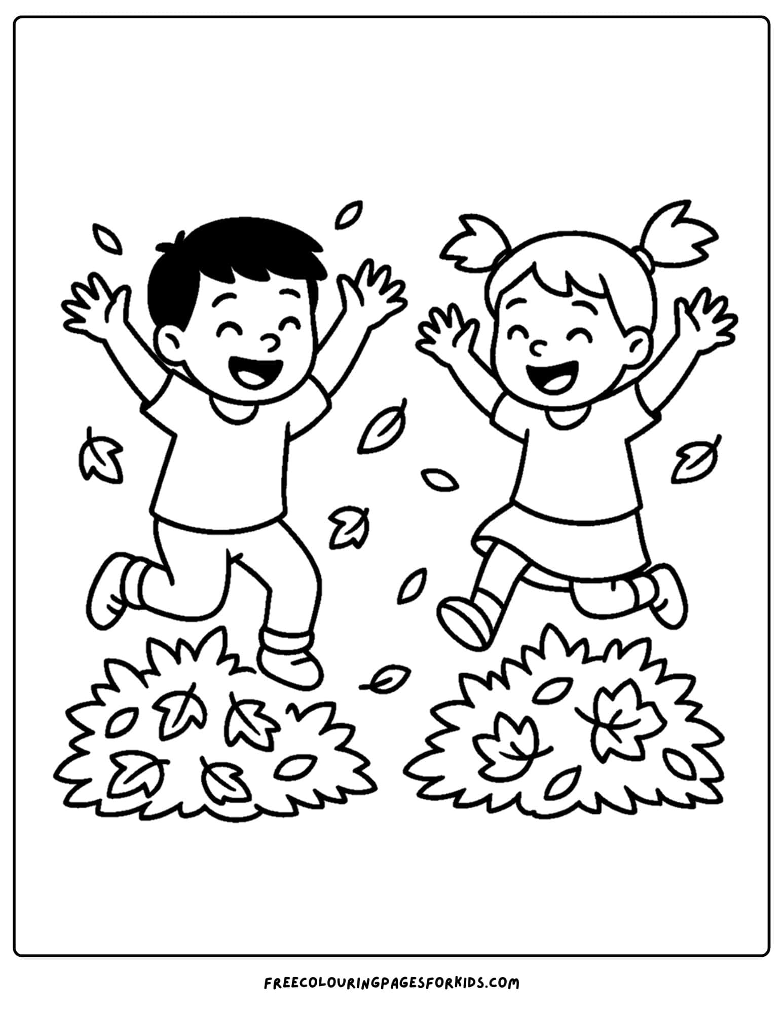 a family coloring page featuring a brother and sister jumping in leaves