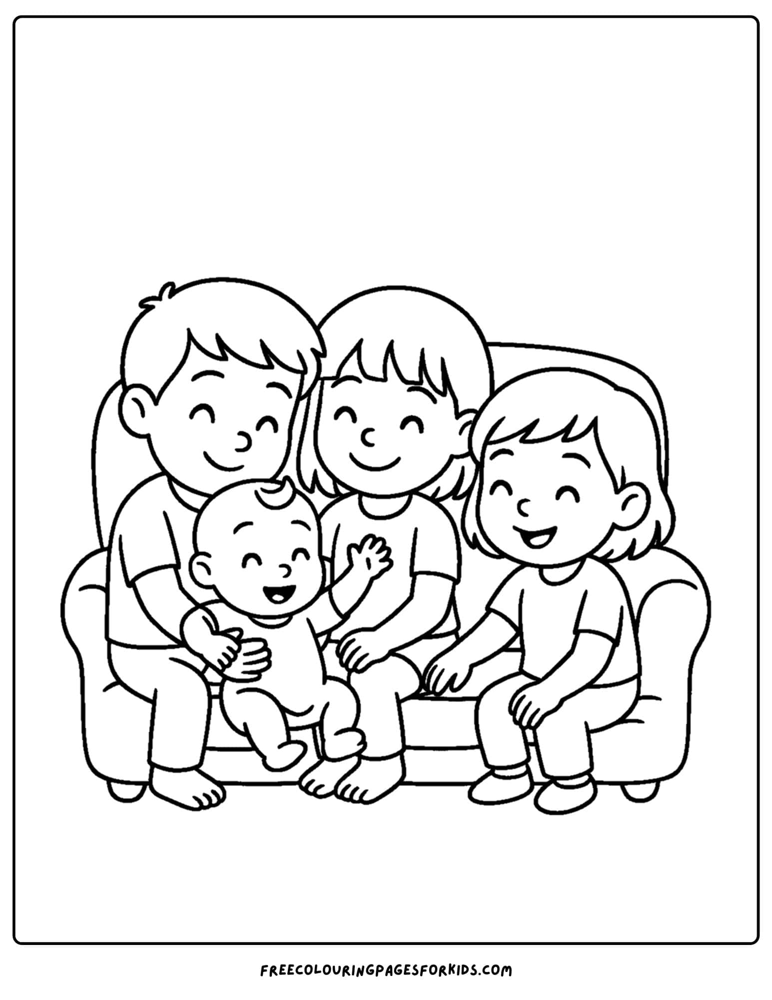a family coloring page featuring kids all sitting on the couch together