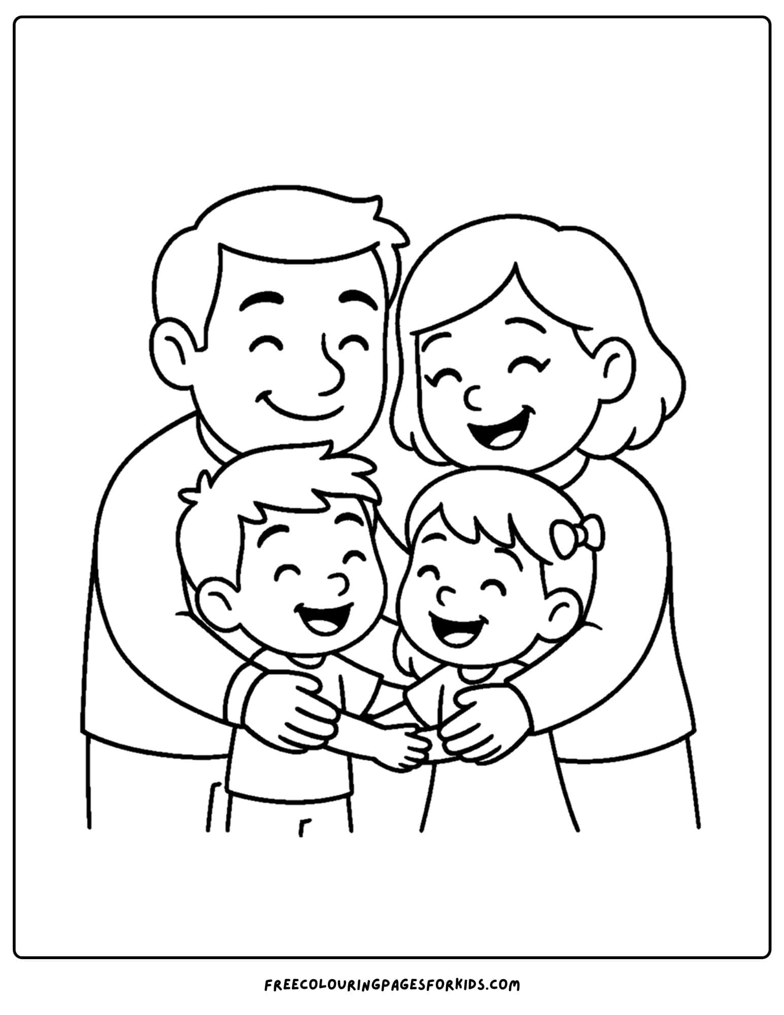 a family coloring page featuring parents hugging their children