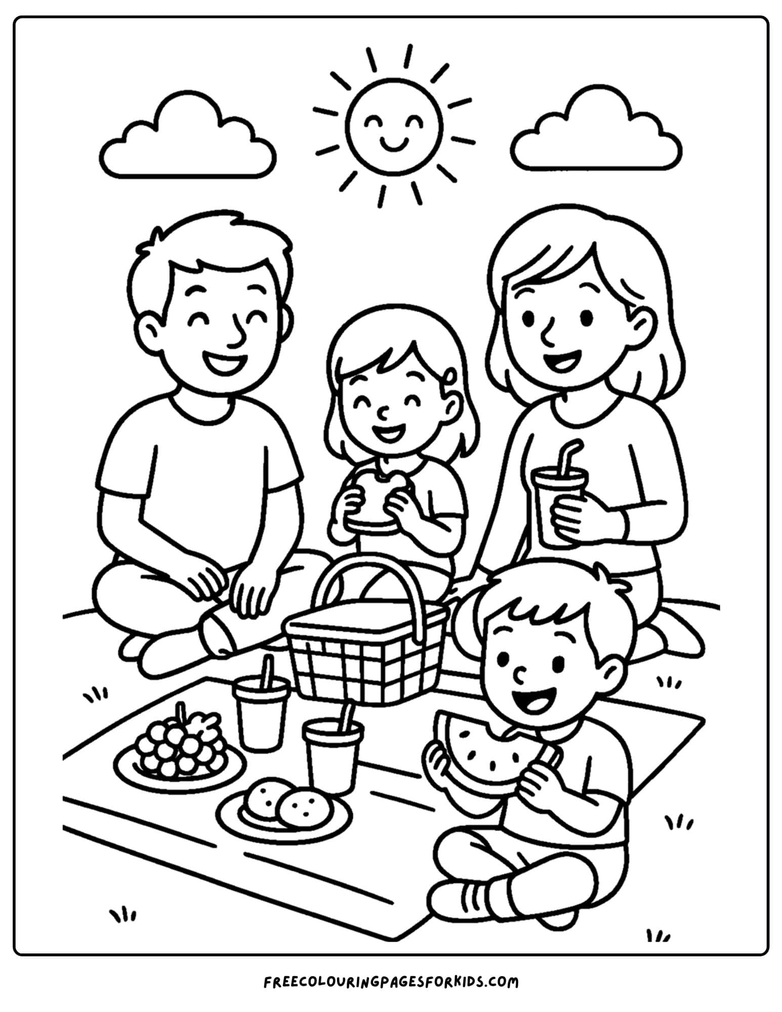 a family coloring page featuring a family park picnic