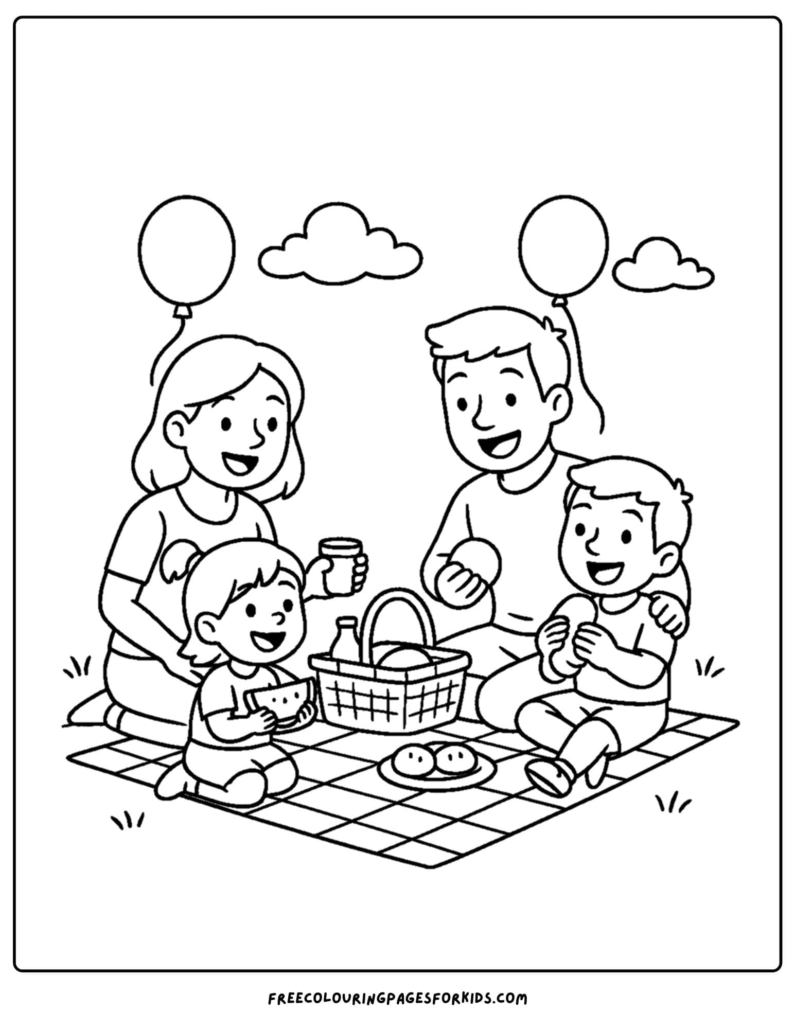 a family coloring page featuring a family having a picnic with balloons floating away