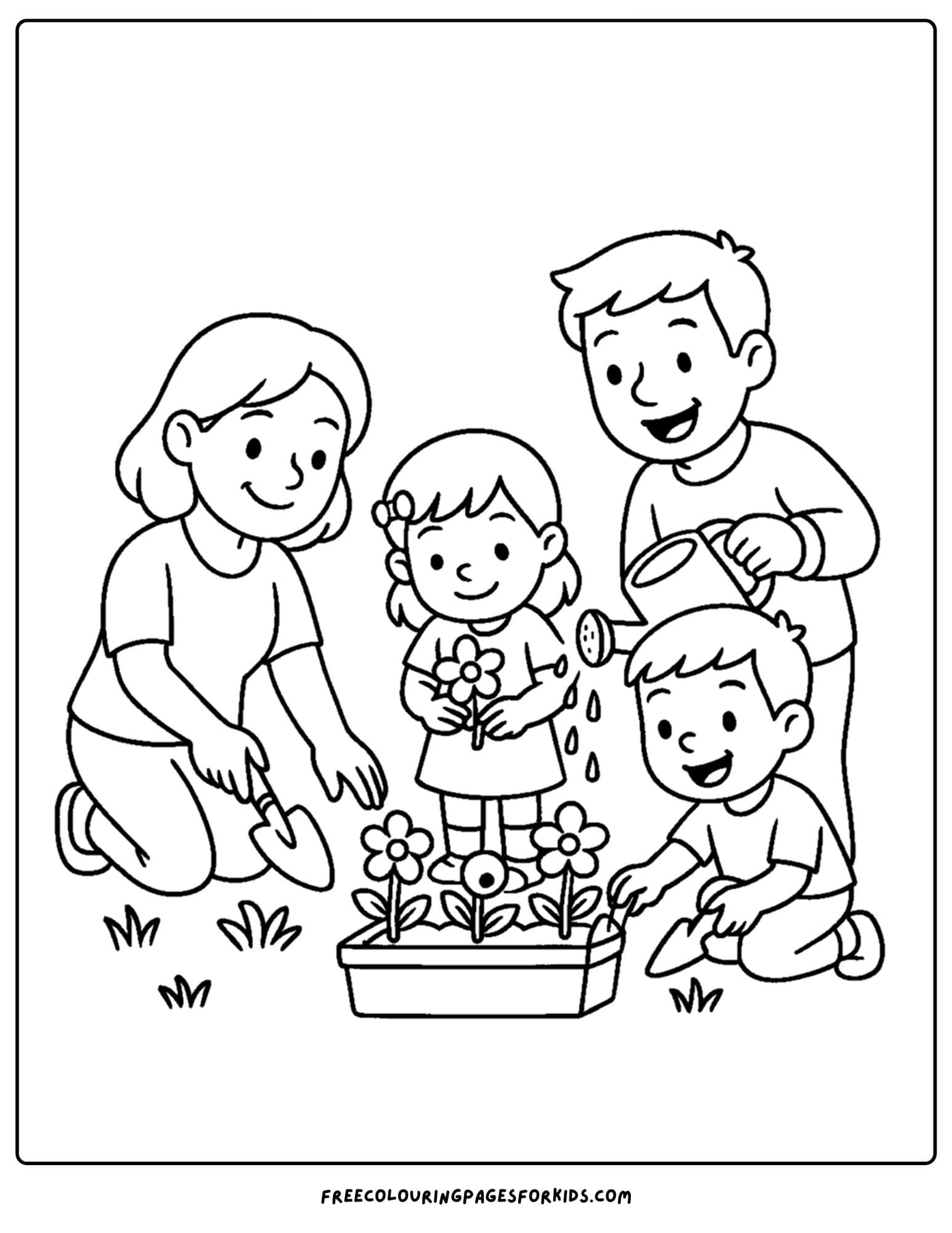 a family coloring page featuring a family gardening together