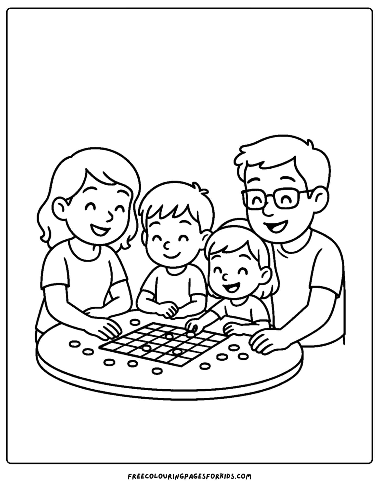 a family coloring page featuring a family playing a board game