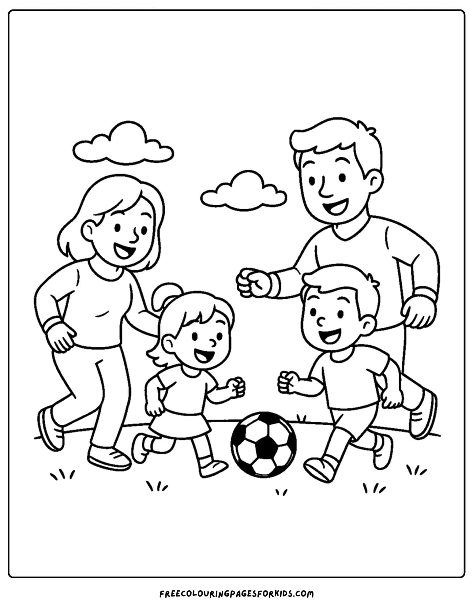 a family coloring page featuring a family playing soccwer