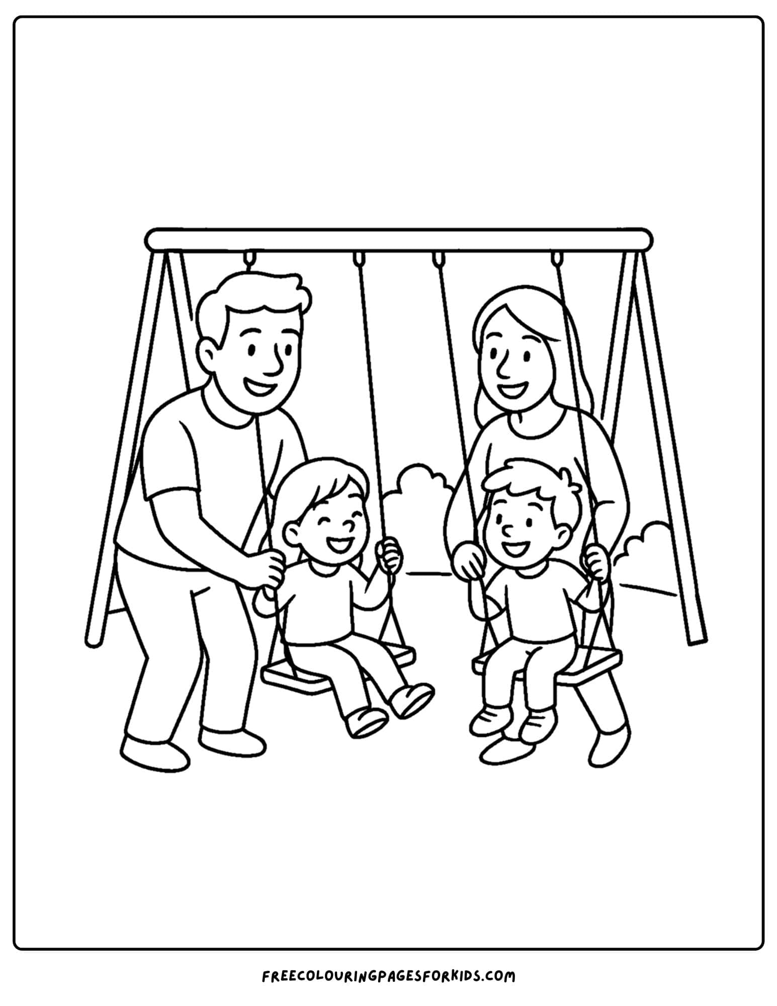 a family coloring page featuring a family pushing their children on the swings