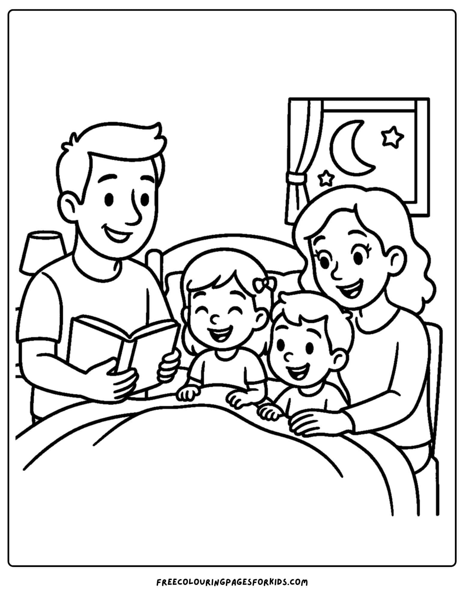 a family coloring page featuring a family reading a bedtime story together