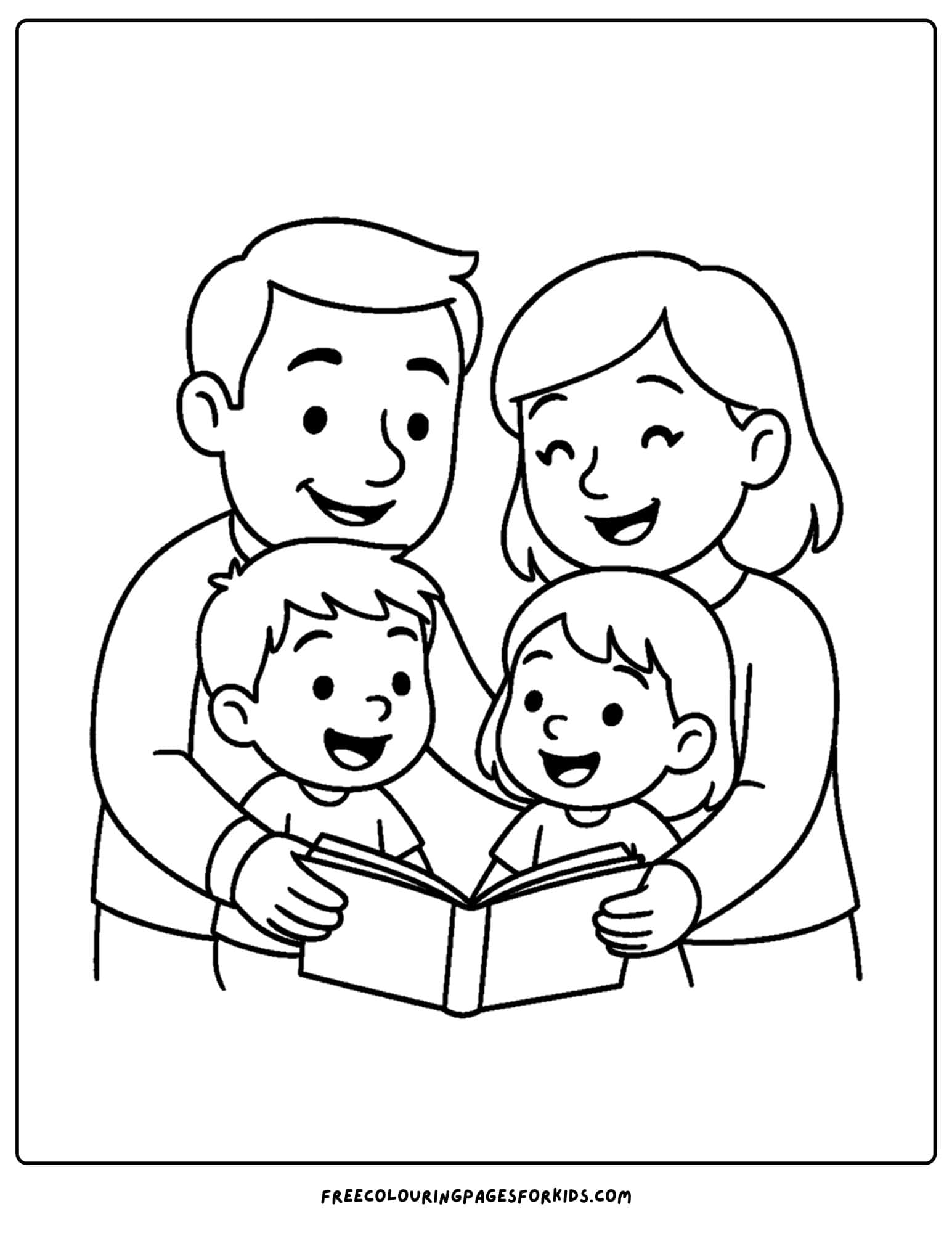 a family coloring page featuring a family reading a book together