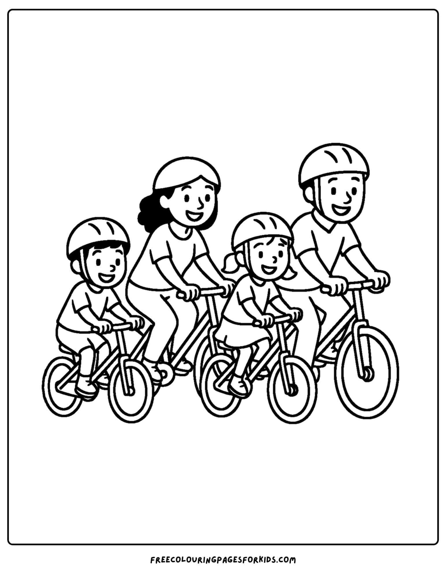a family coloring page featuring a family going on a bike ride