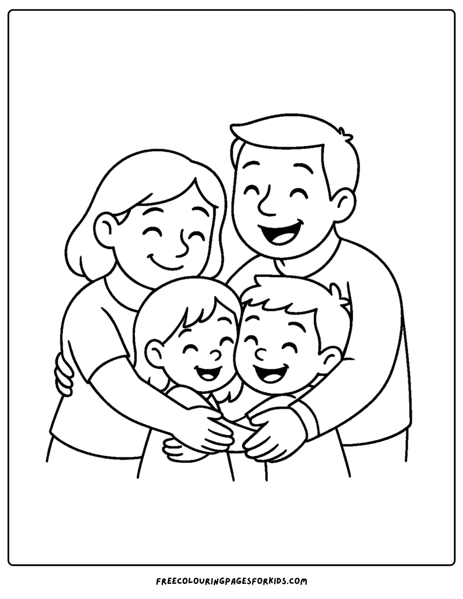 a family coloring page featuring a family hugging together