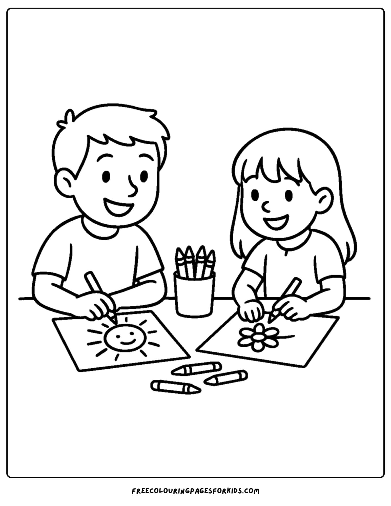 a family coloring page featuring two children drawing together