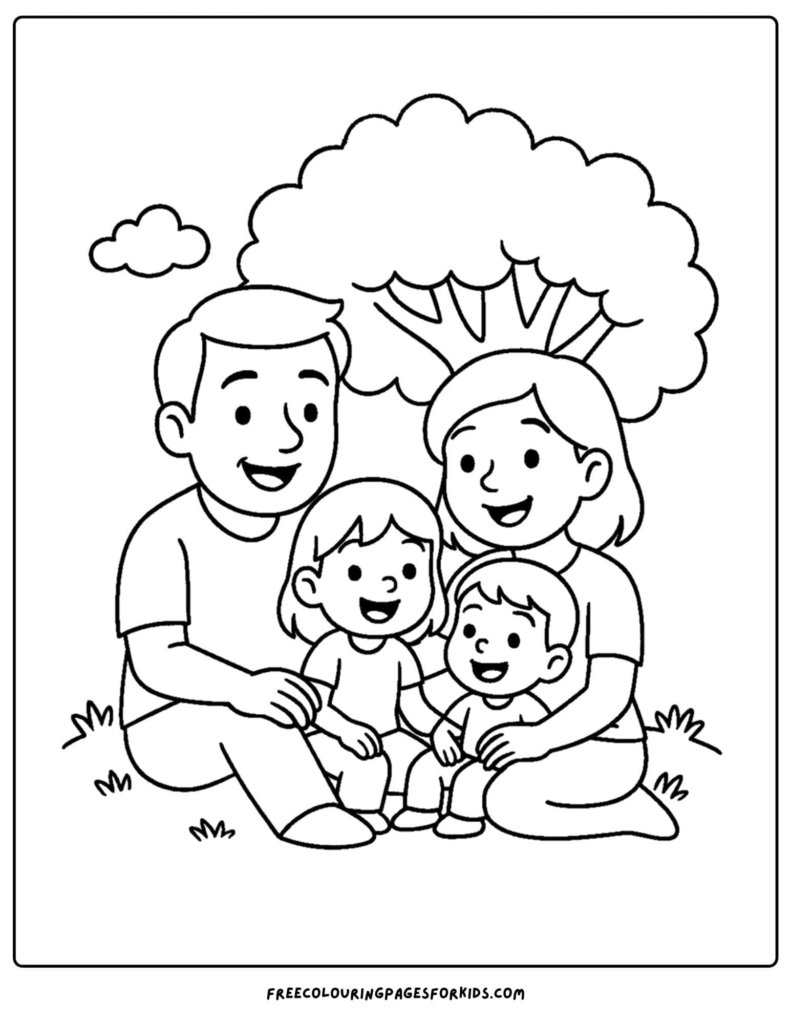 a family coloring page featuring a family sitting under a tree