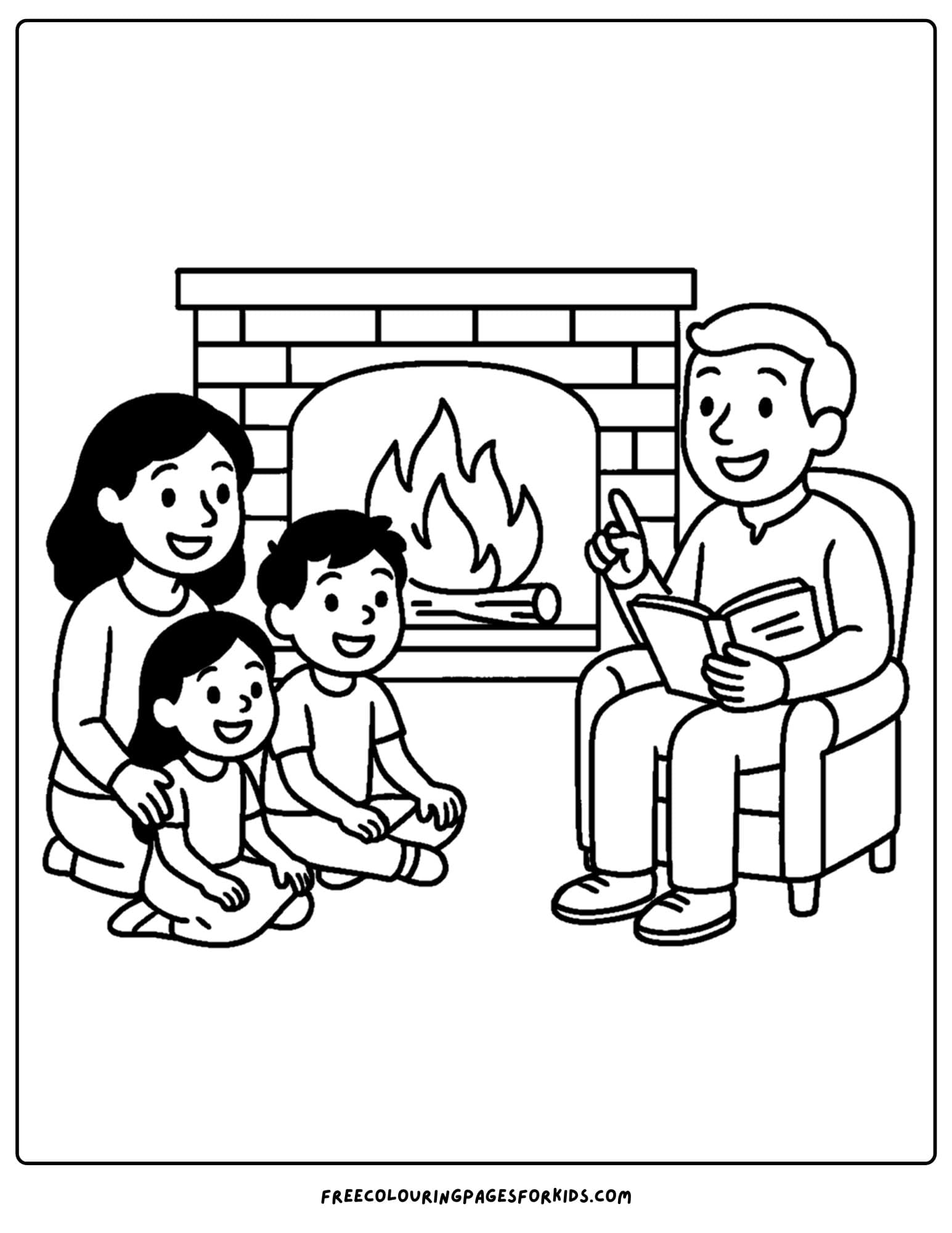 a family coloring page featuring a family sitting by a cozy fire