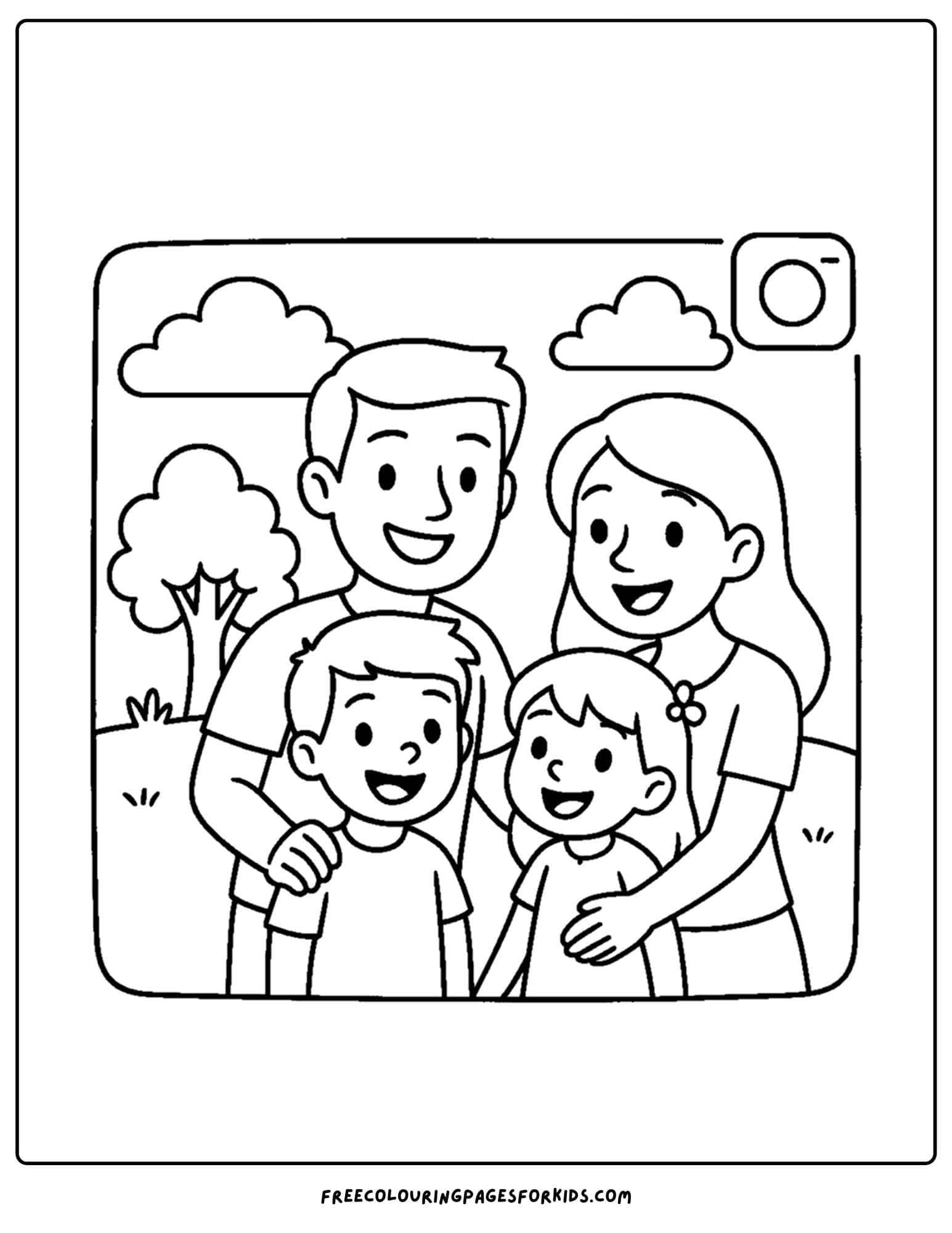 a family coloring page featuring a group photo social media post
