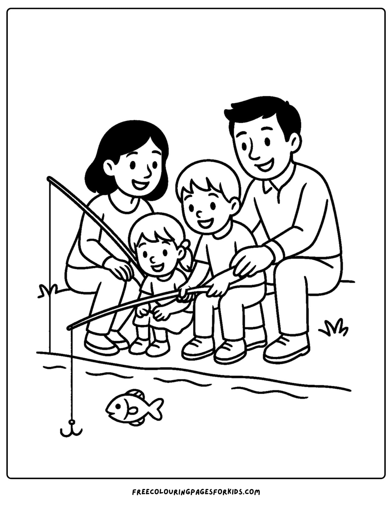 a family coloring page featuring a family going fishing together
