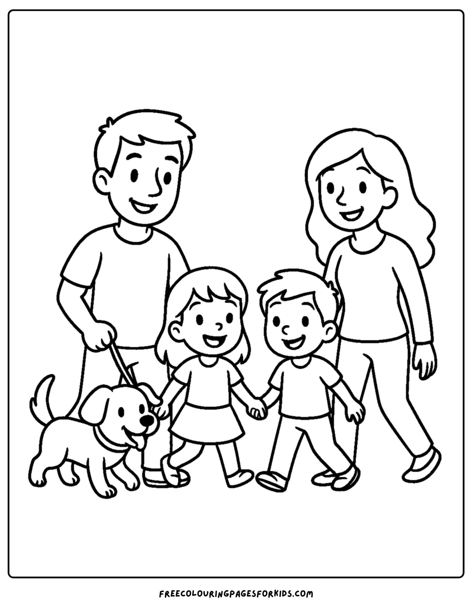 a family coloring page featuring a family walking their dog together