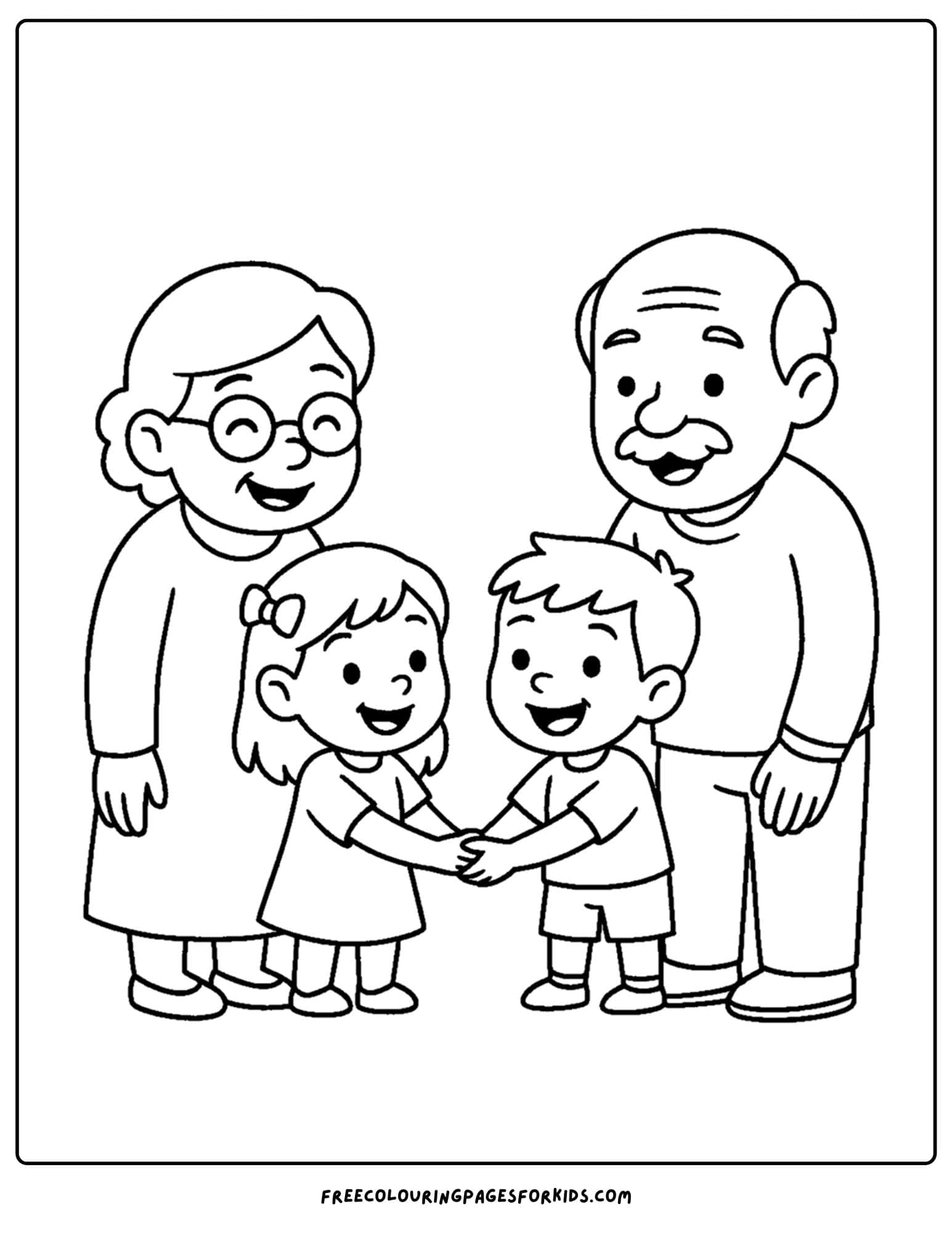 a family coloring page featuring grandparents and their grandchildren