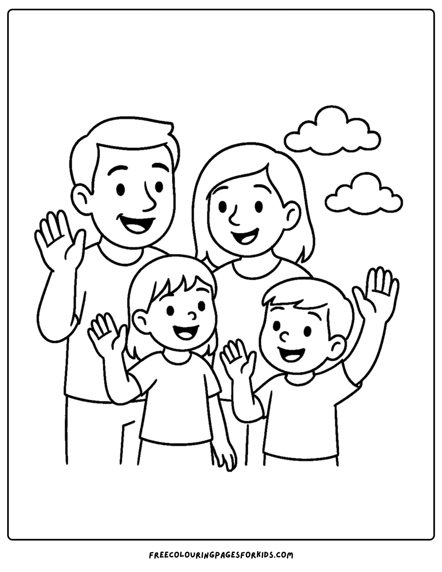 a family coloring page featuring a family waving goodbye