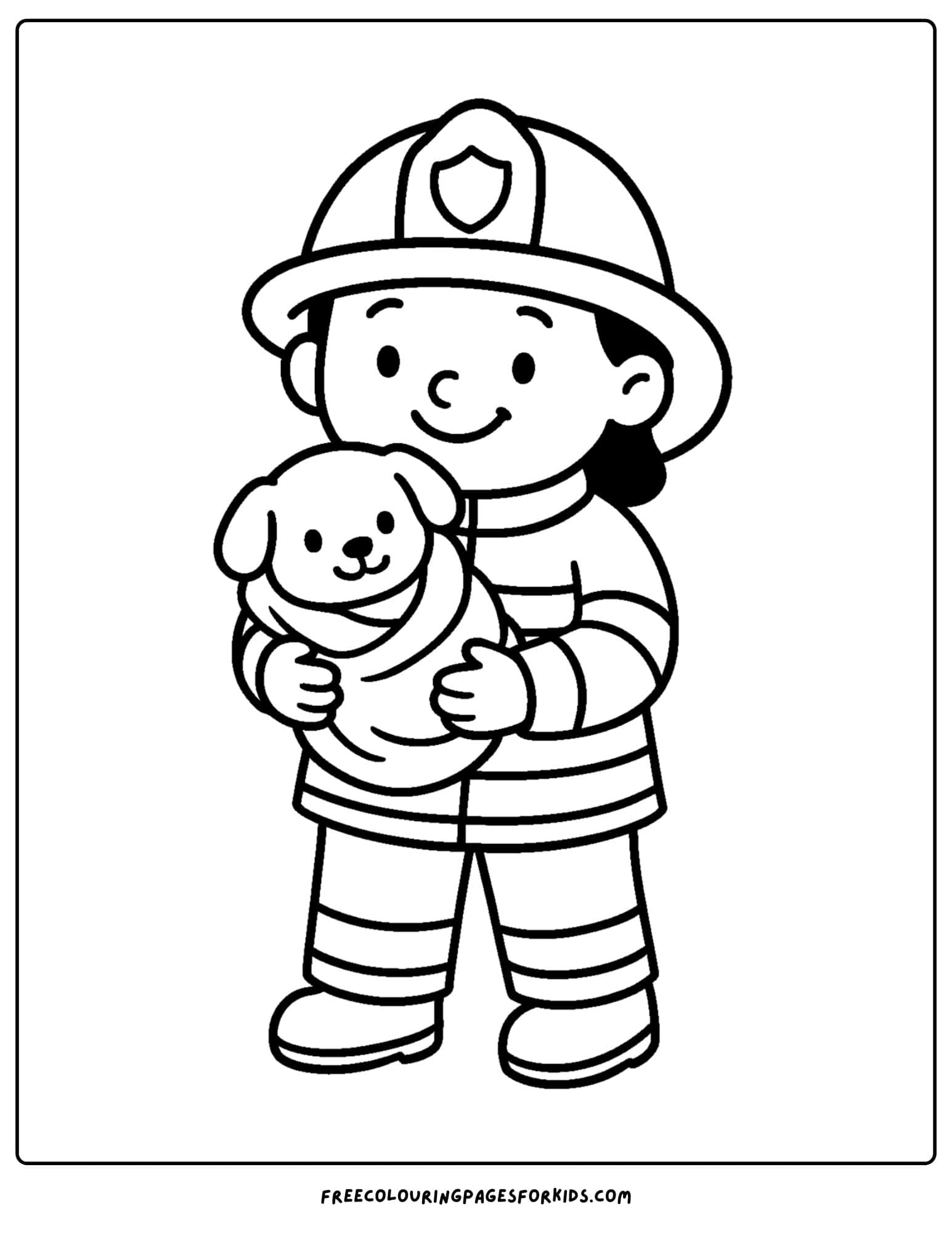 a firefighter coloring page featuring a firefighter carrying a puppy in a blanket
