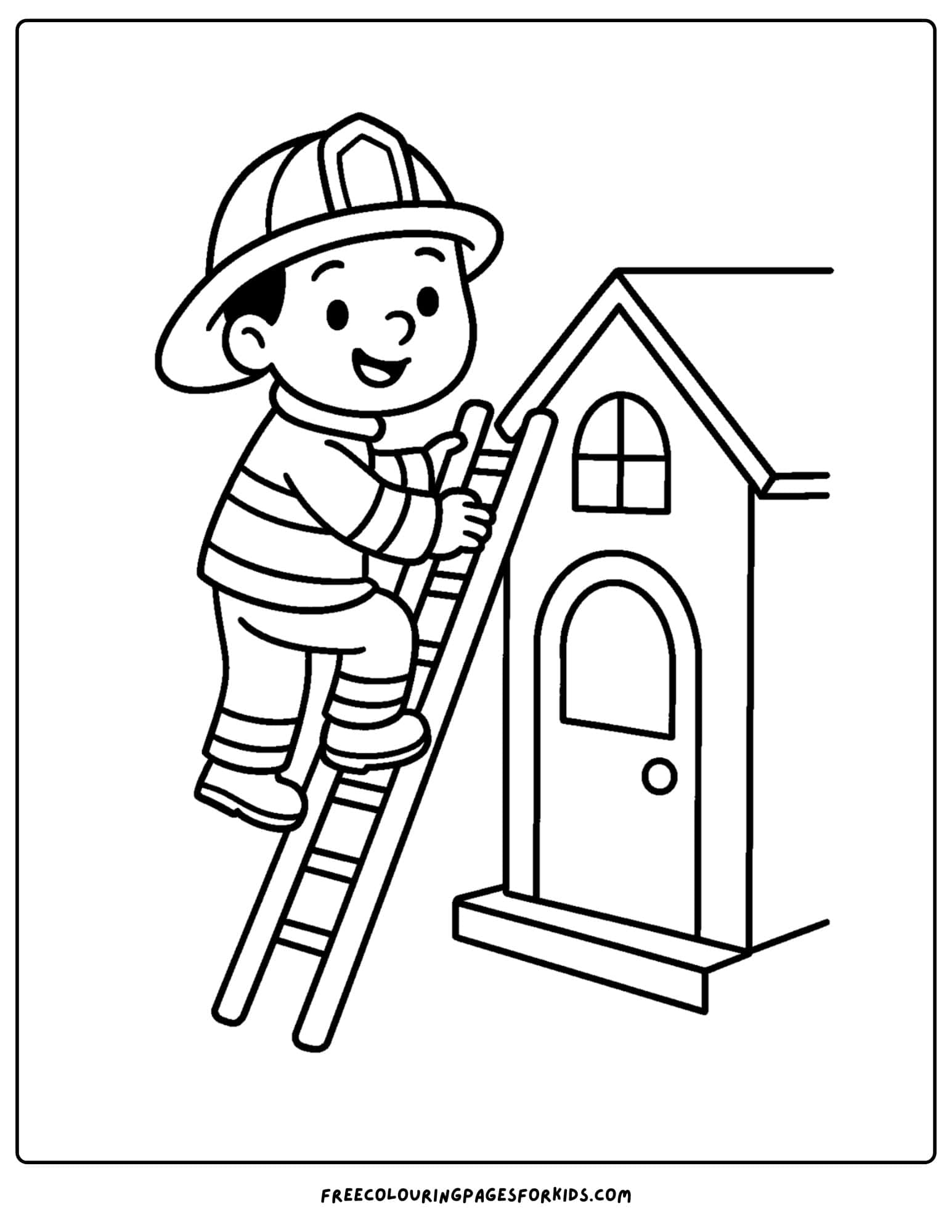 a firefighter coloring page featuring a firefighter climbing a ladder to a playhouse