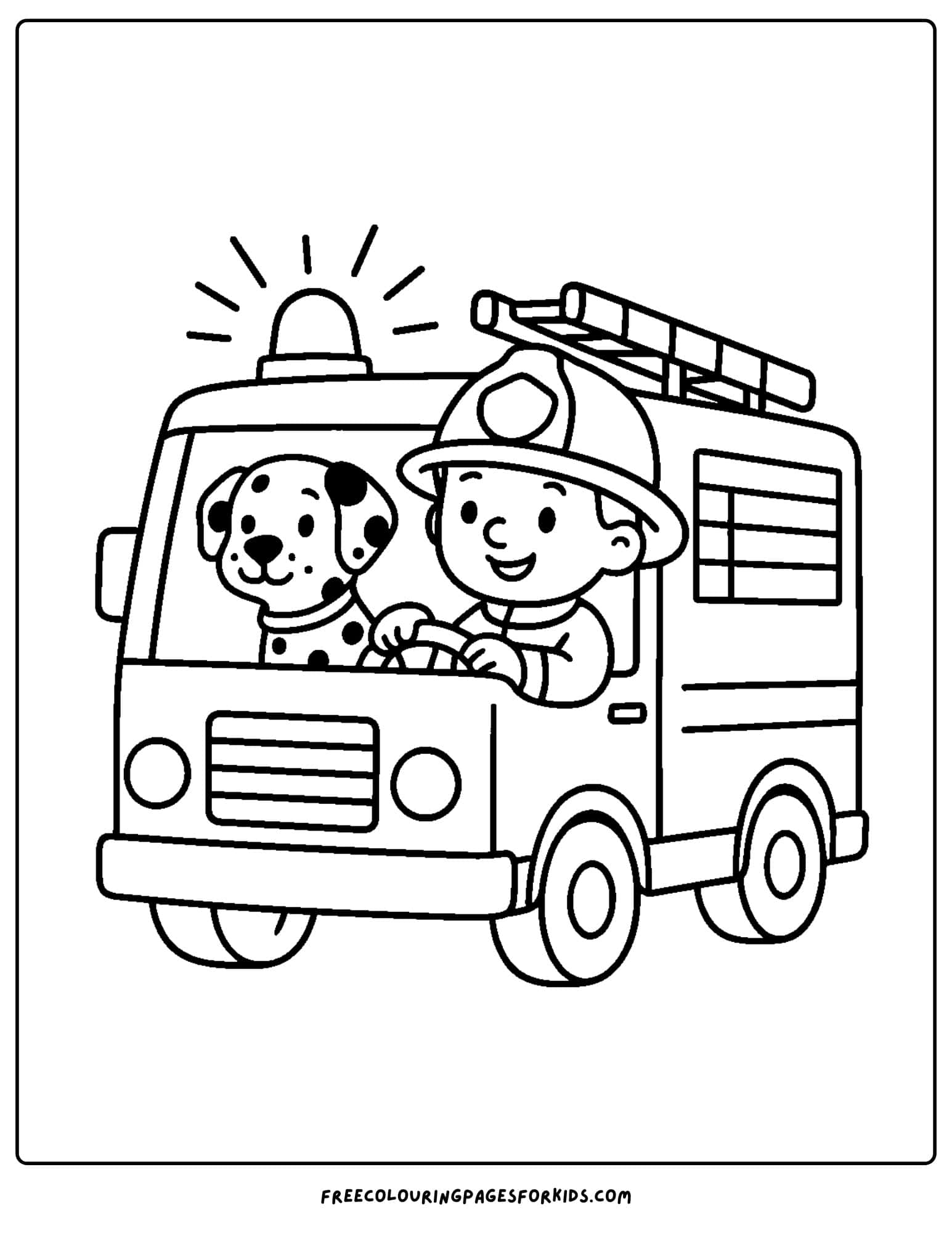 a firefighter coloring page featuring a firefighter driving a fire truck with a dog