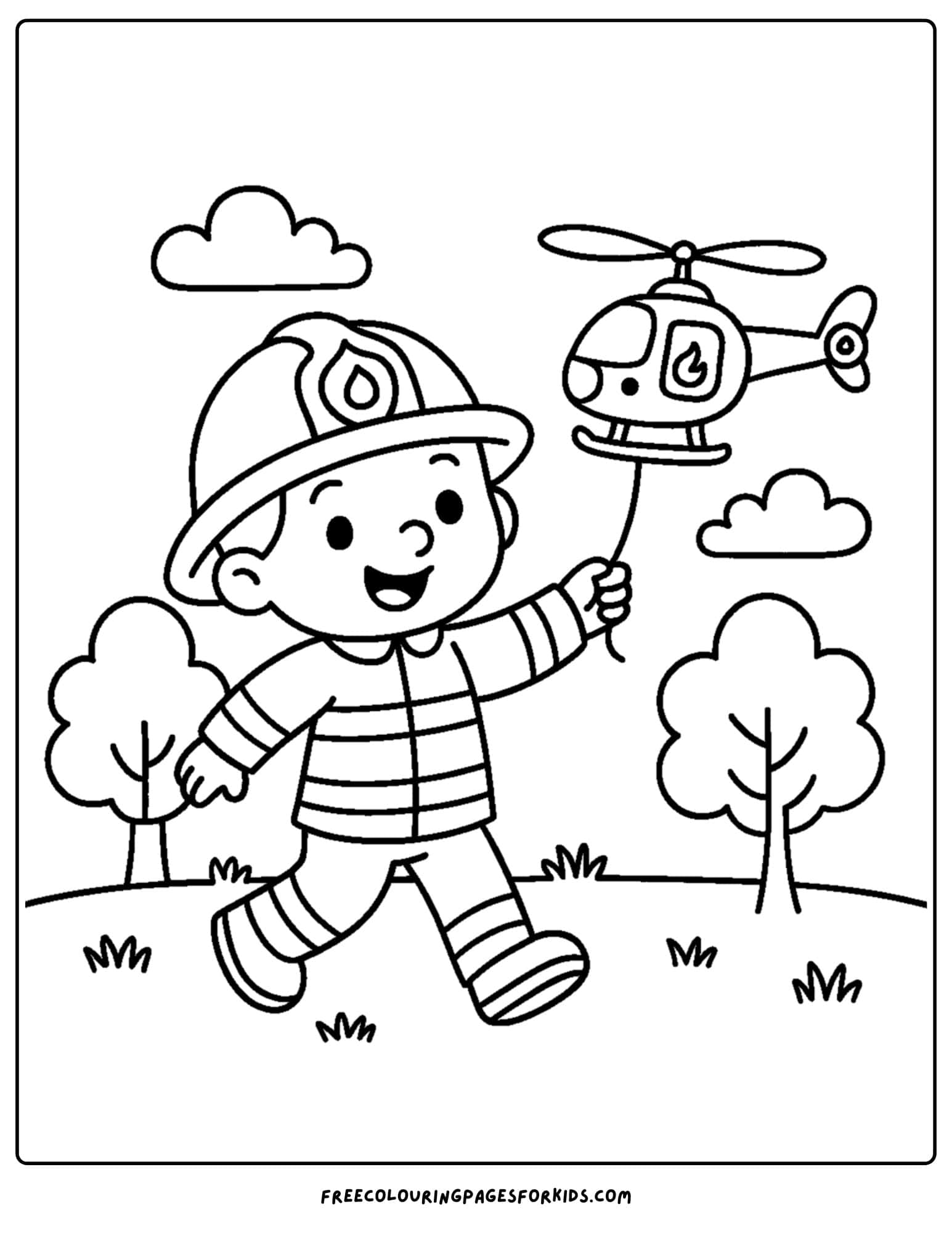 a firefighter coloring page featuring a firefighter flying a toy helicopter balloon