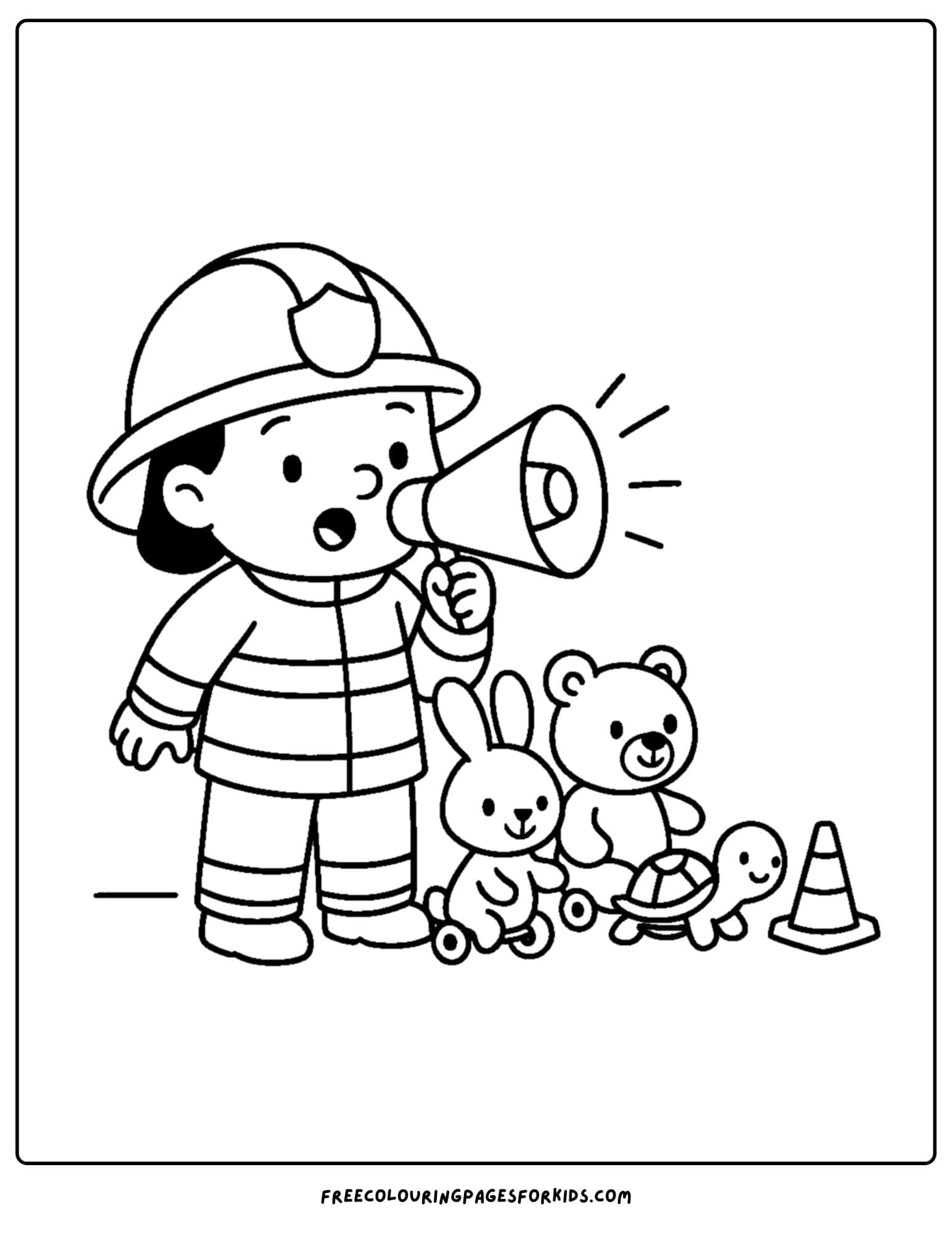 a firefighter coloring page featuring a firefighter guiding toys