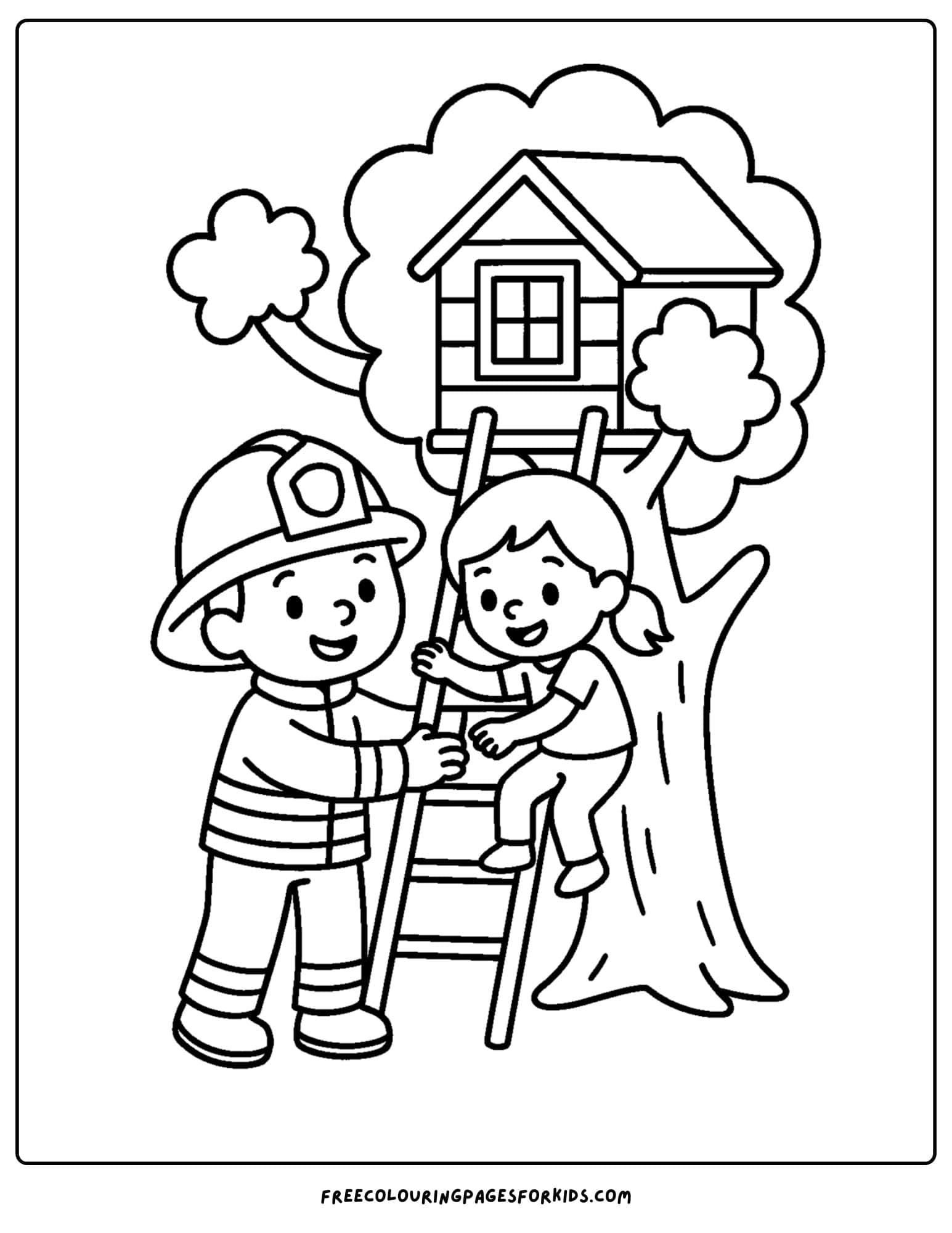 a firefighter coloring page featuring a firefighter helping a child down from a ladder