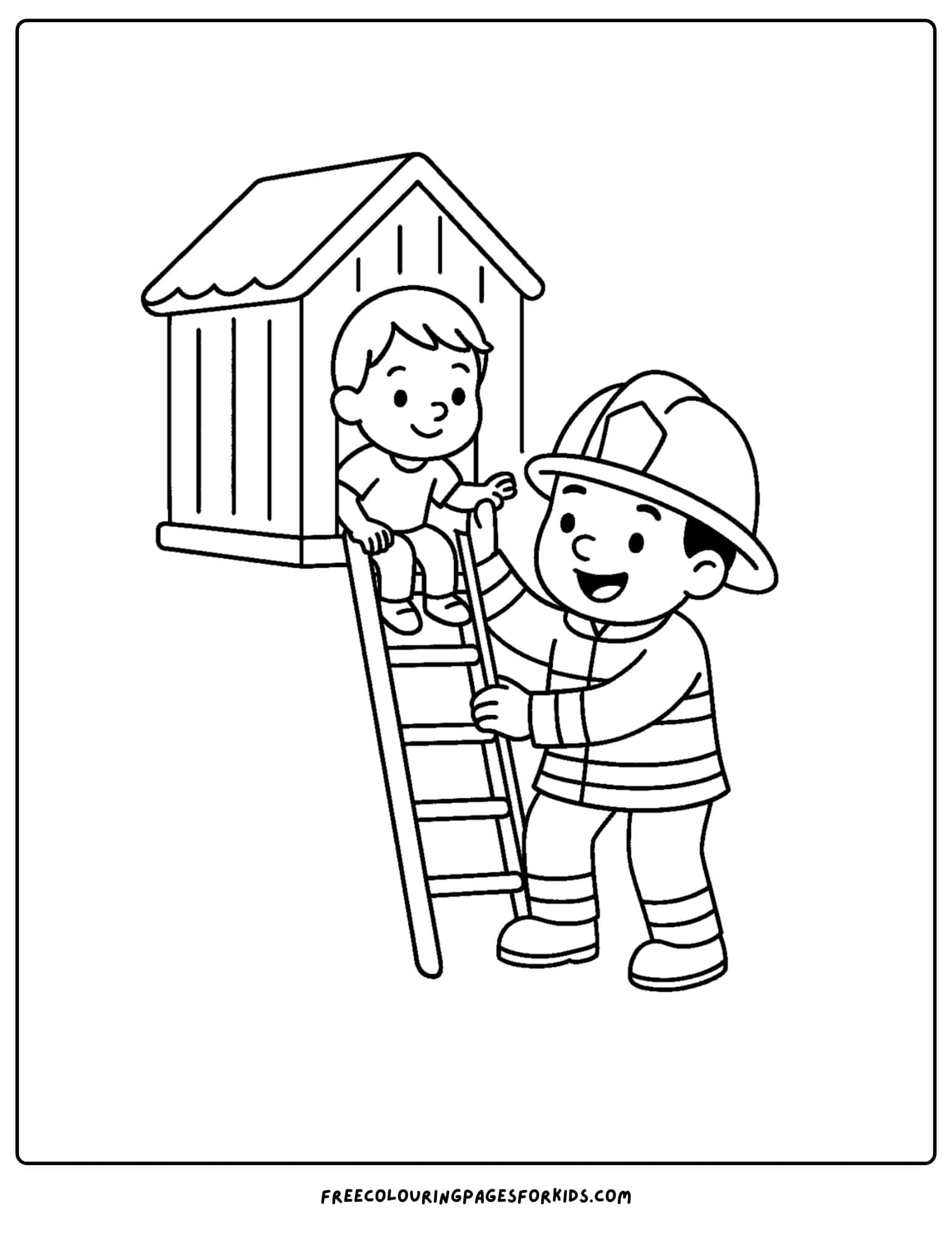 a firefighter coloring page featuring a firefighter helping a child