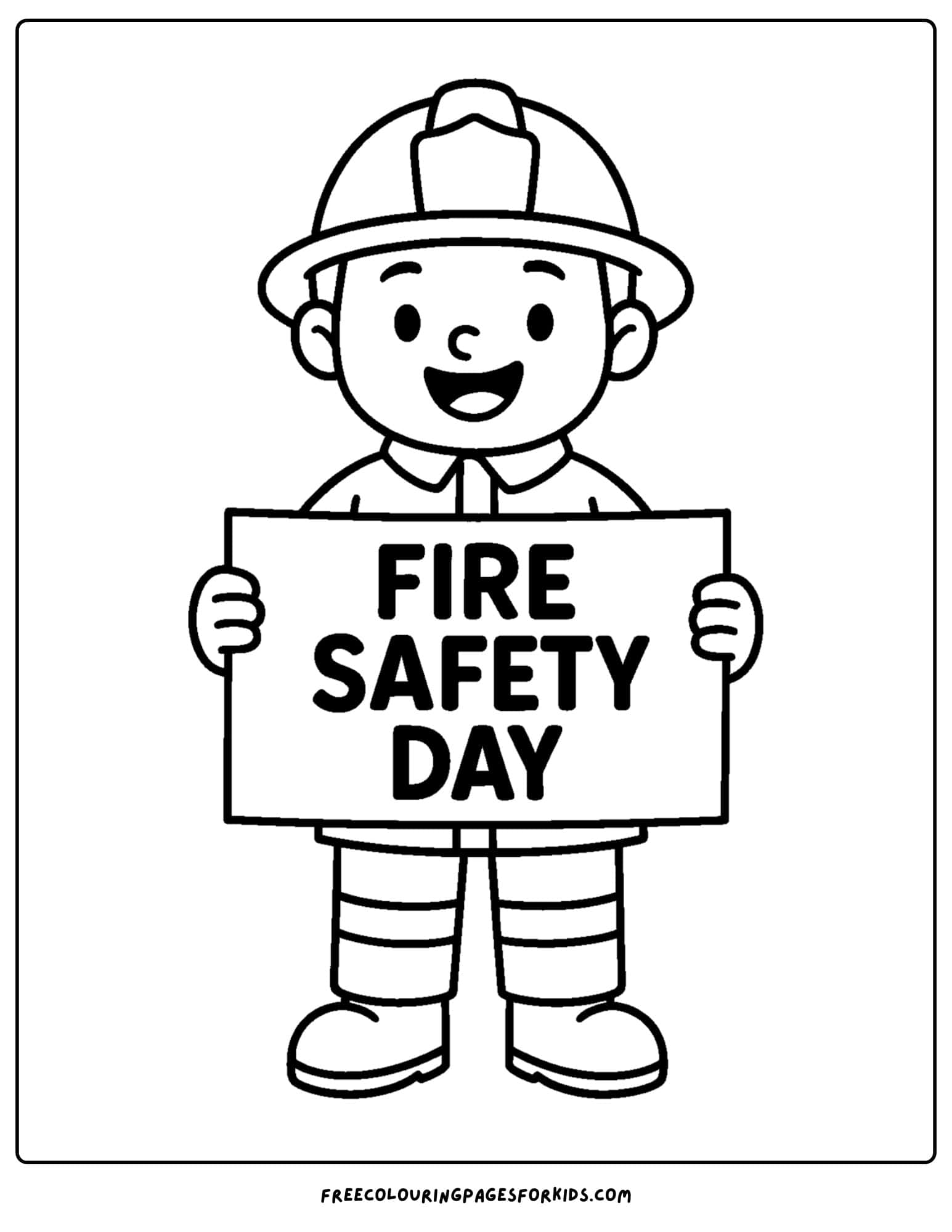 a firefighter coloring page featuring a firefighter holding a fire safety sign