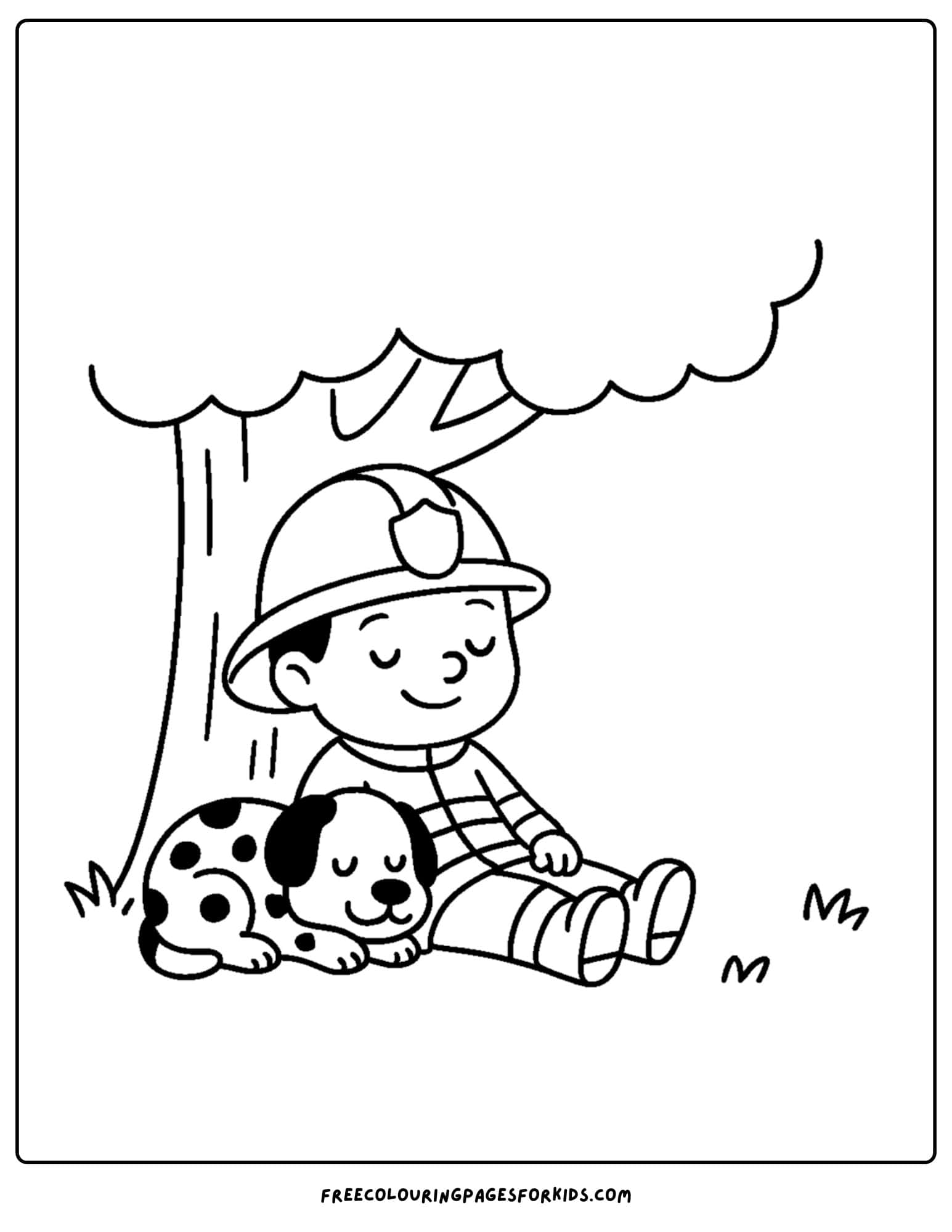 a firefighter coloring page featuring a firefighter napping under a tree with a dalmatian