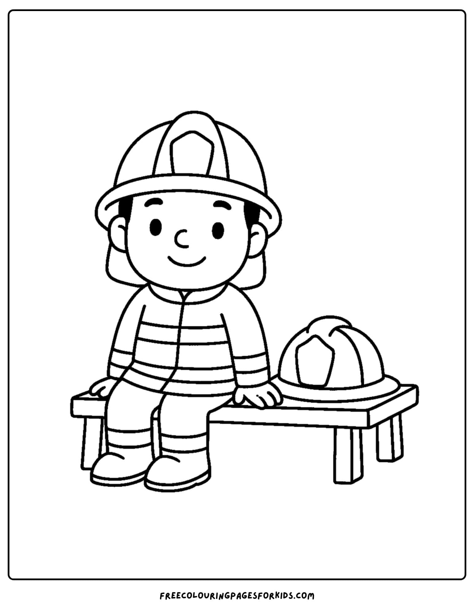 a firefighter coloring page featuring a firefighter sitting on a bench with their hat