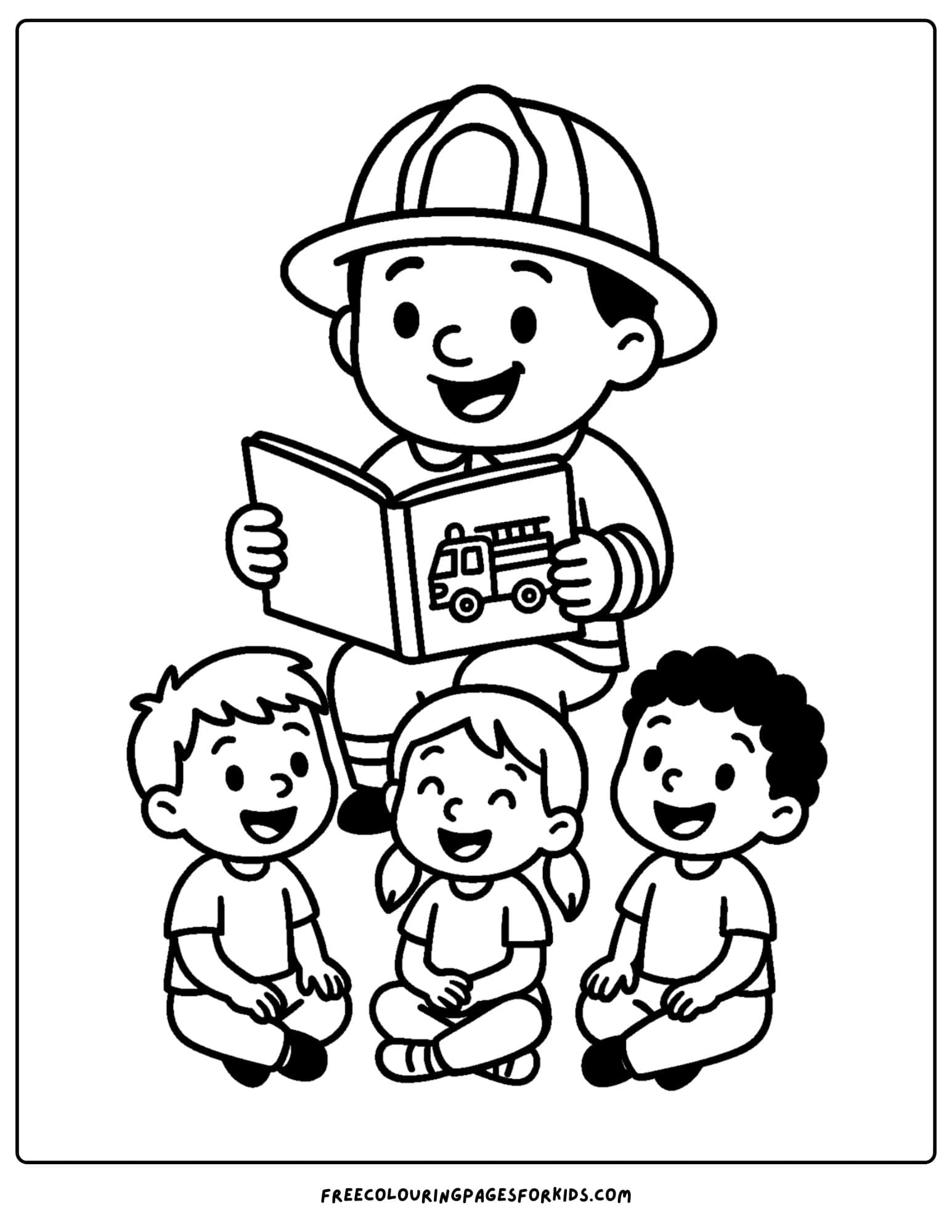 a firefighter coloring page featuring a firefighter reading a fire book to kids