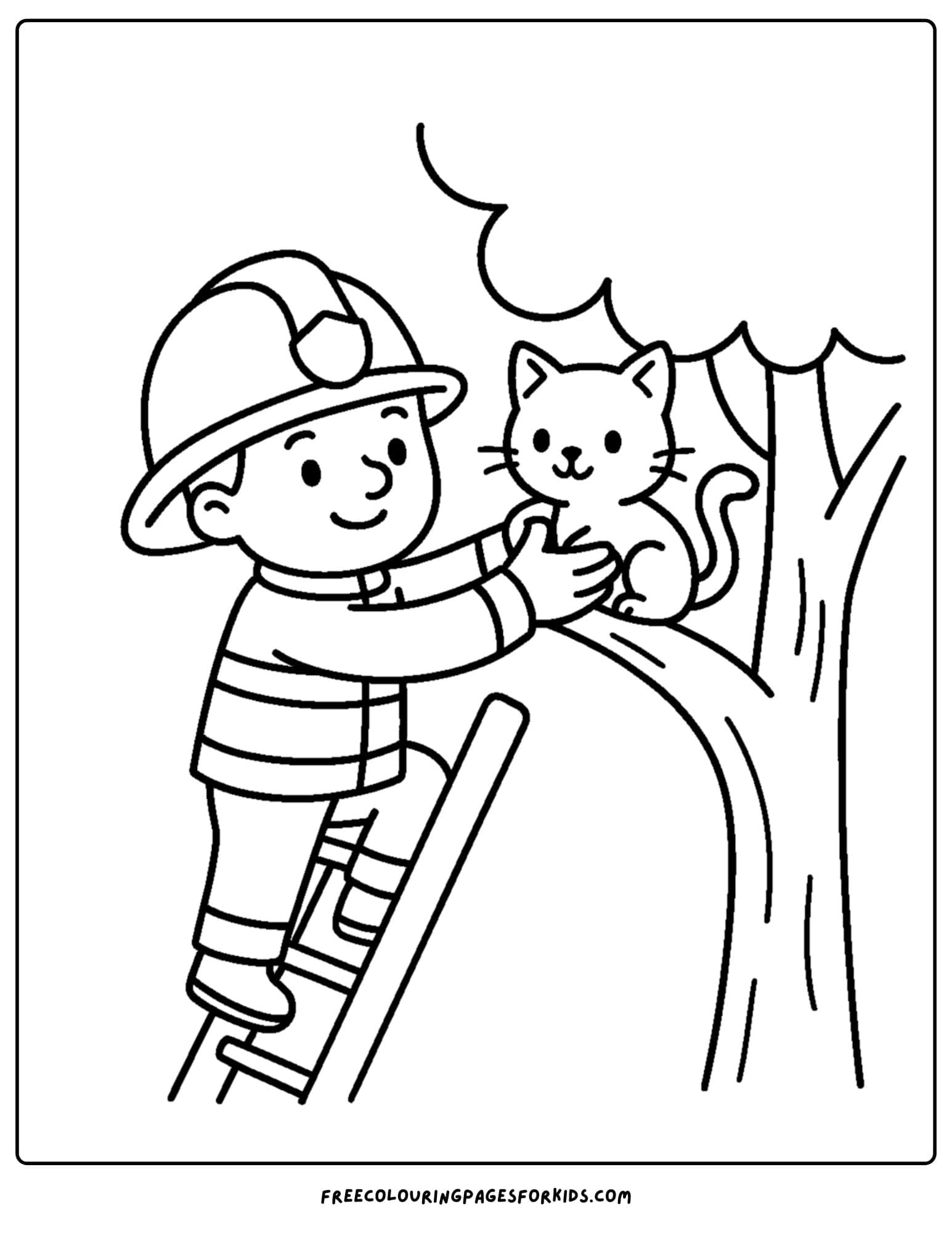 a firefighter coloring page featuring a firefighter rescuing a cat from a tree