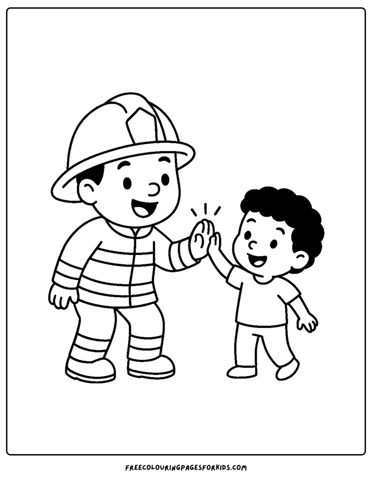 a firefighter coloring page featuring a firefighter giving a high five to a child