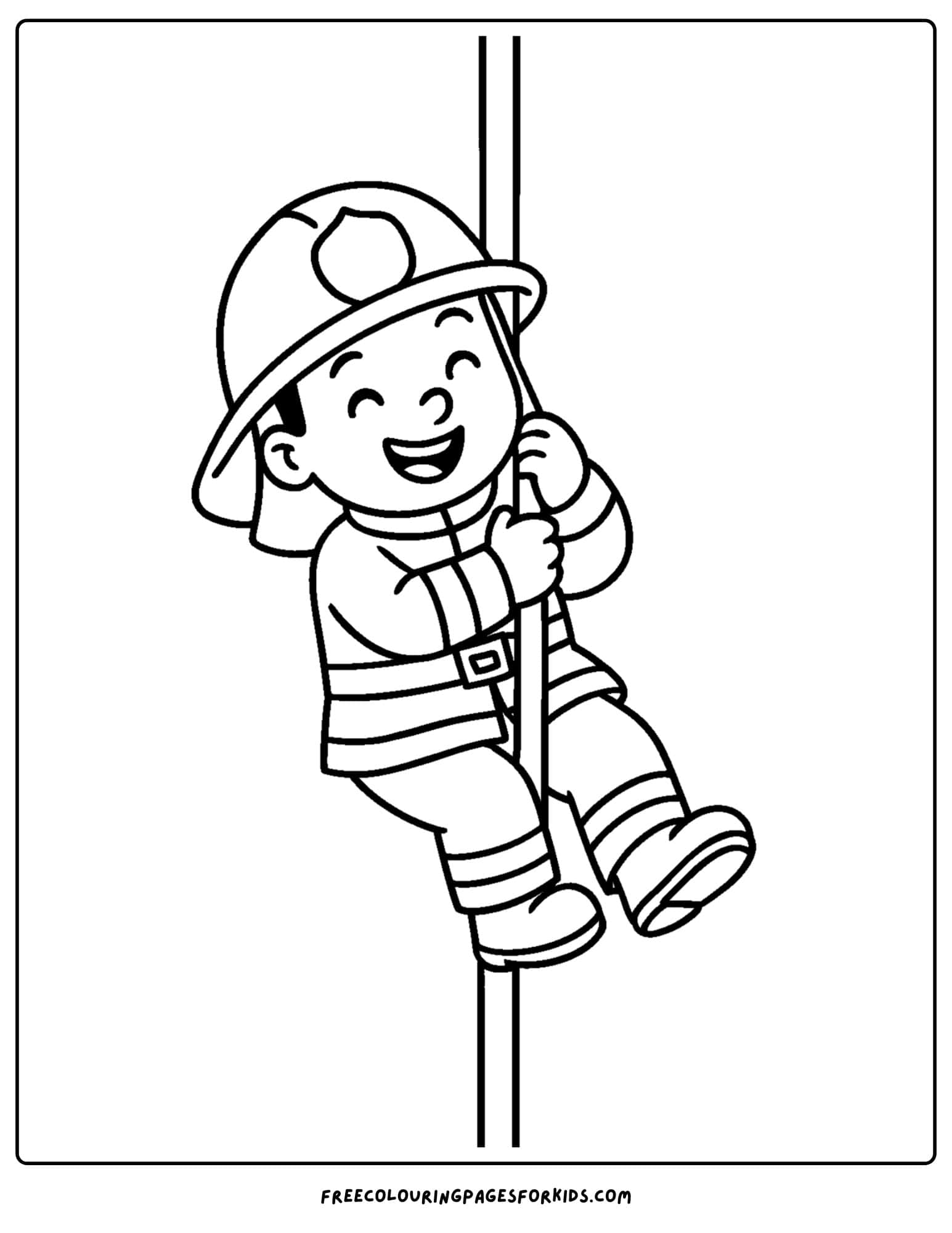 a firefighter coloring page featuring a firefighter sliding down a fire pole