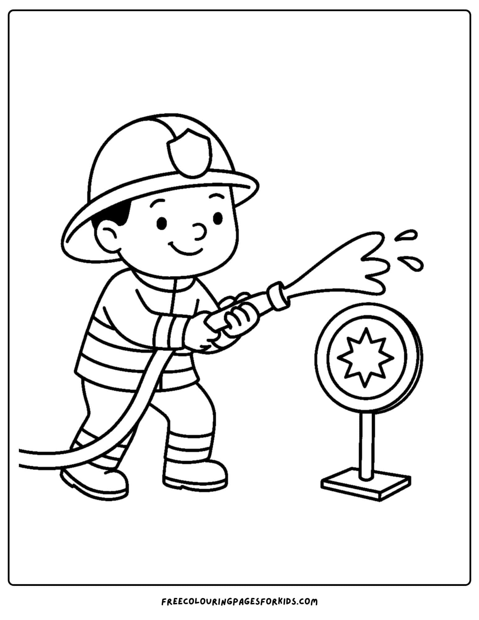 a firefighter coloring page featuring a firefighter spraying water on a target