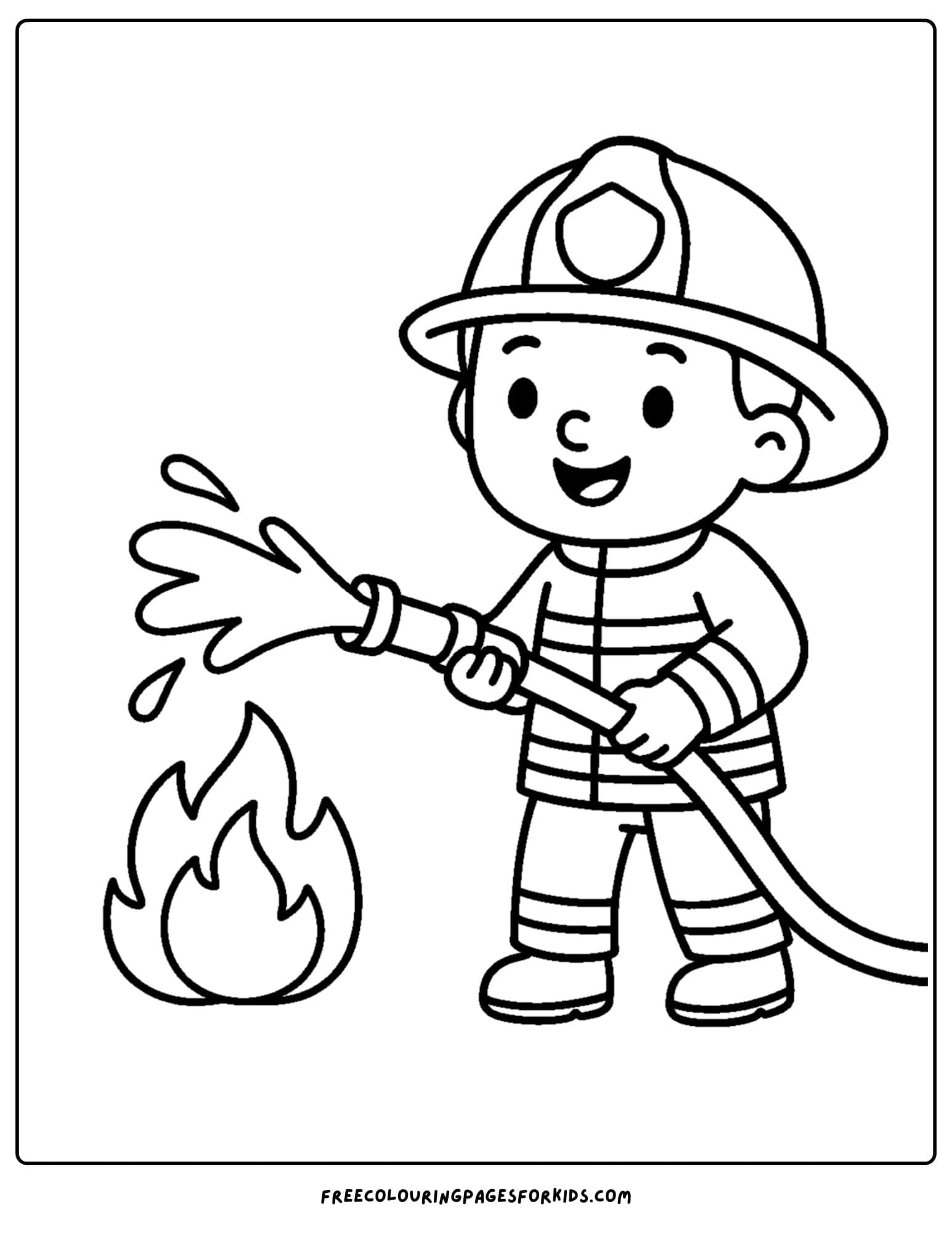 a firefighter coloring page featuring a firefighter holding a hose and spraying water on a fire