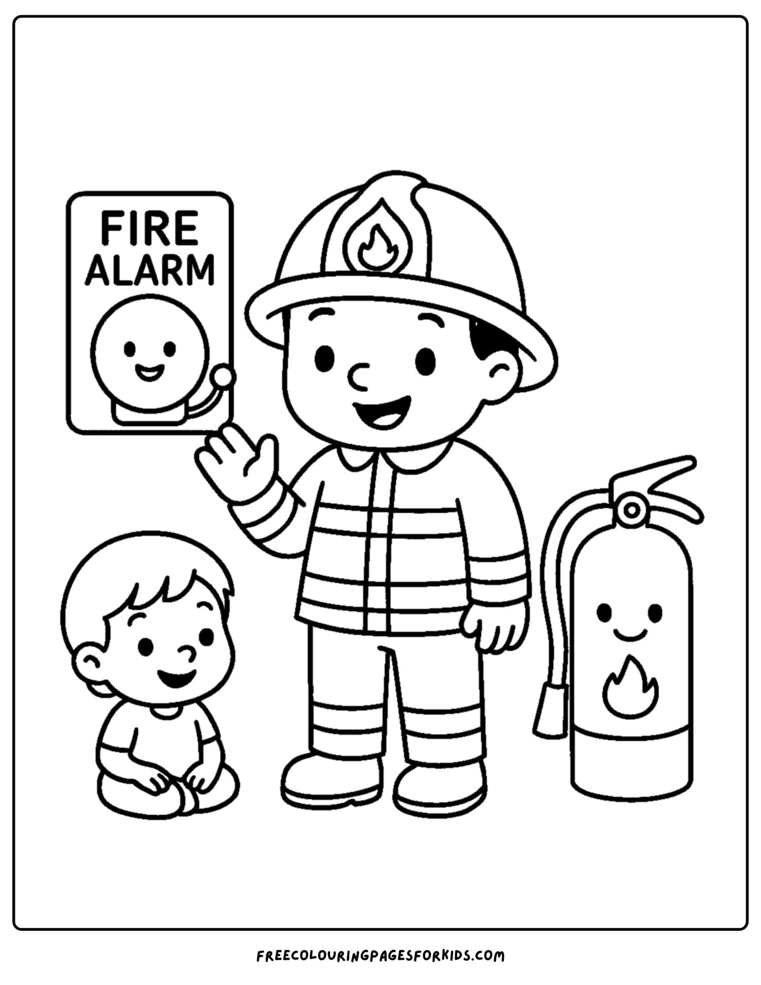 a firefighter coloring page featuring a firefighter standing by an alarm and extinguisher