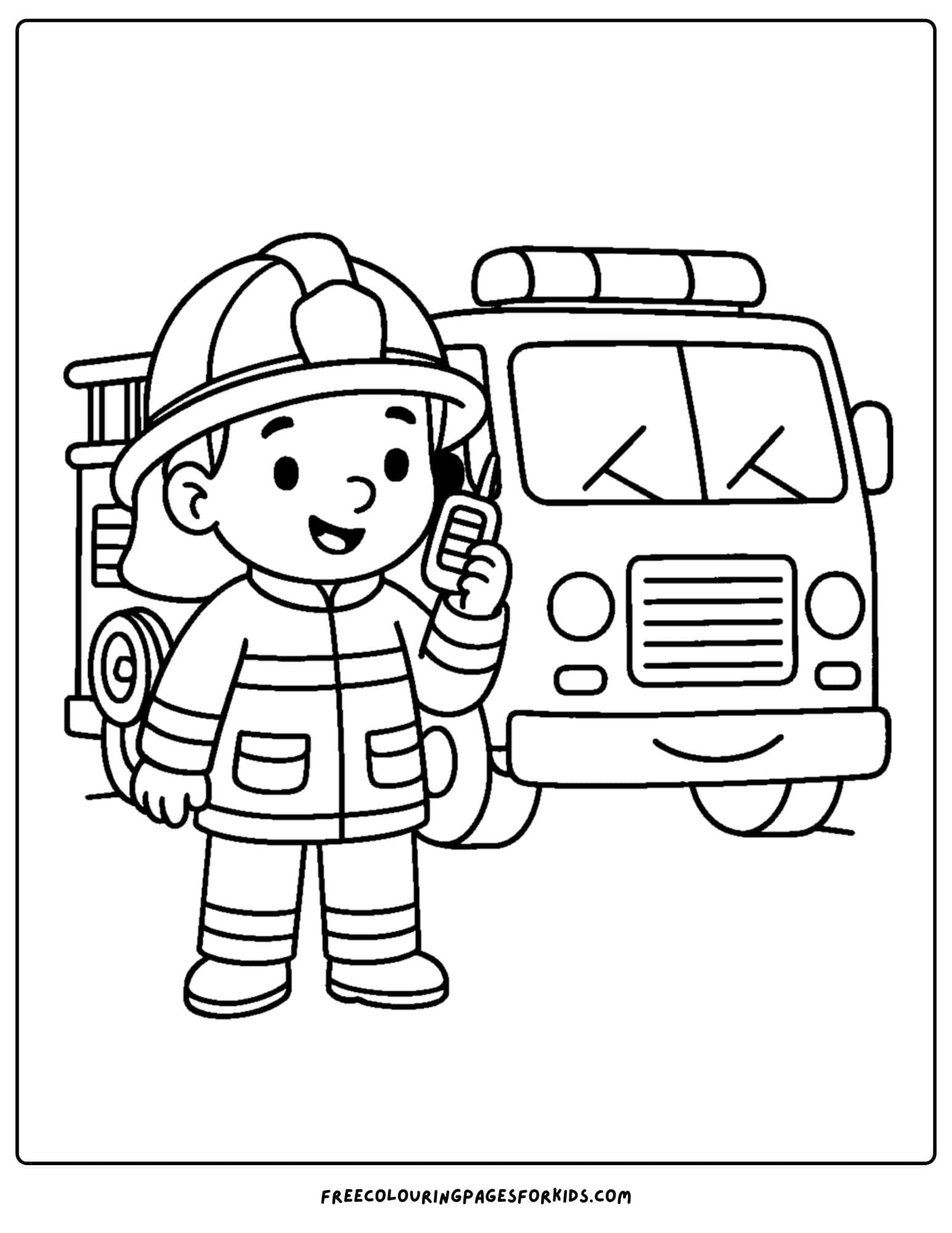 a firefighter coloring page featuring a firefighter using a radio by a truck