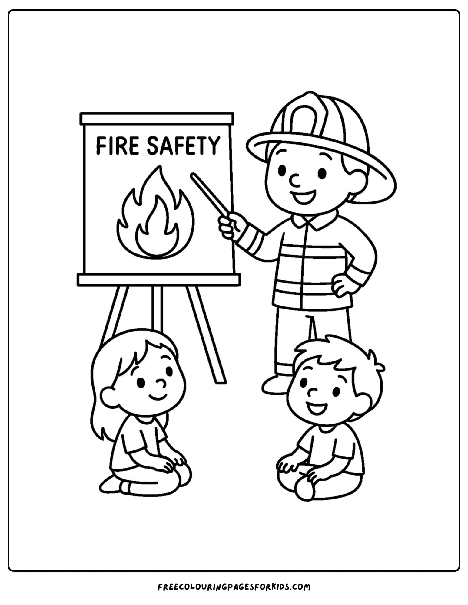 a firefighter coloring page featuring a firefighter teaching fire safety to children